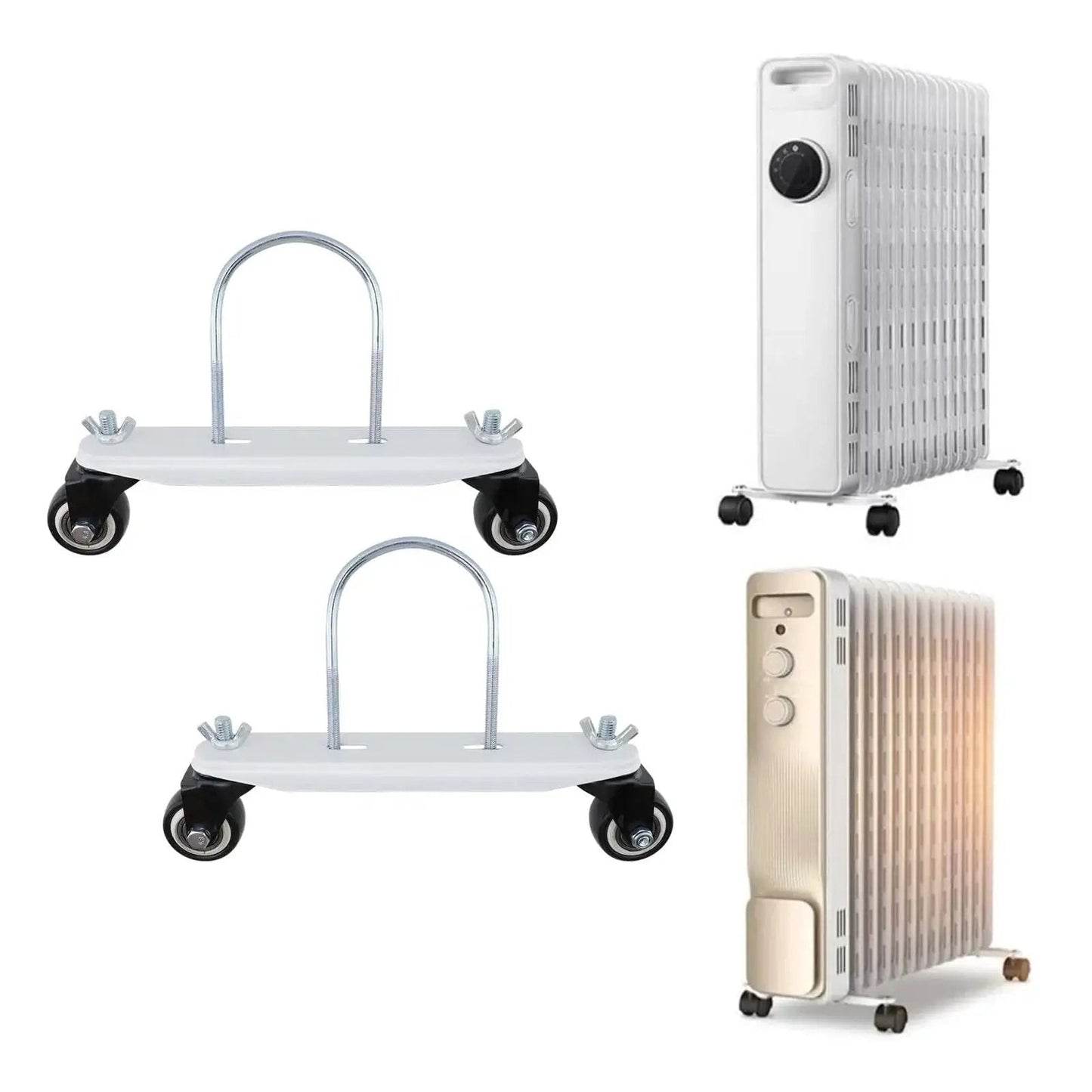 2-Pack Mobile Pulley Holders For Oil Filled Radiator, Iron Construction With 360 Degree Swivel Wheels, Easy Tool-Free Installation Via Butterfly Nut, Sturdy Caster Frame Base For Electric Heaters, White Wheel Design shown next to radiators