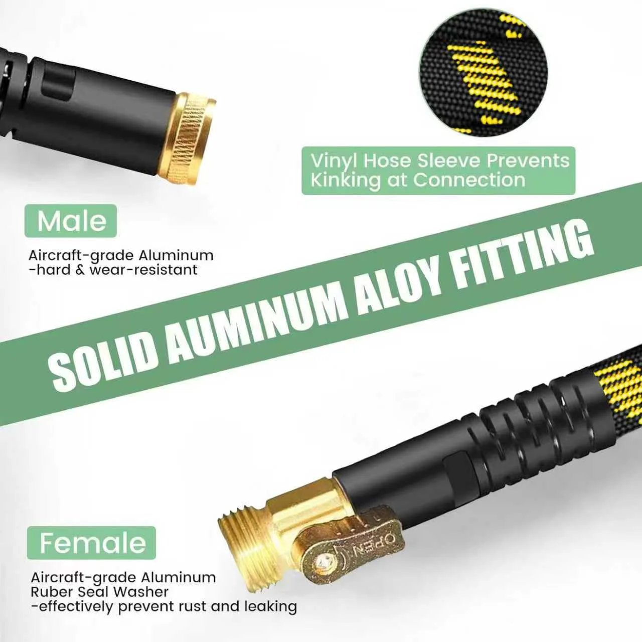 Non Expanding Garden Hose With Jet Nozzle Ultra Lightweight Fabric Hybrid Kink Resistant Durable 100 Ft Yellow Hose With Heavy Duty Brass Connectors For Home Marine And RV Use By HIGH QUA, showing solid aluminum fittings.
