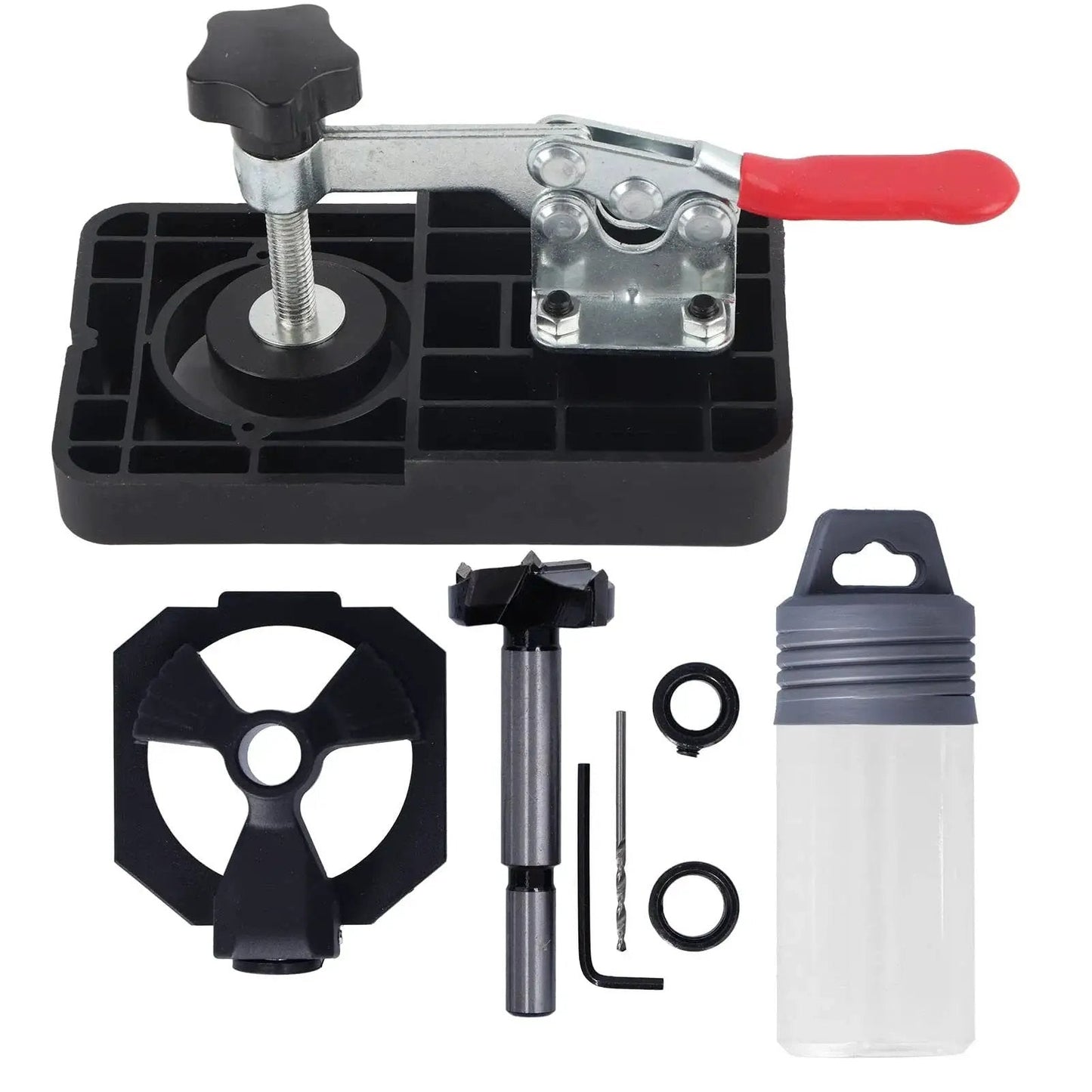 Household Woodworking Hinge Boring Jig Kit 35mm And 1.4 Inch Hole Opener set with clamp, opener, drill bit, and container