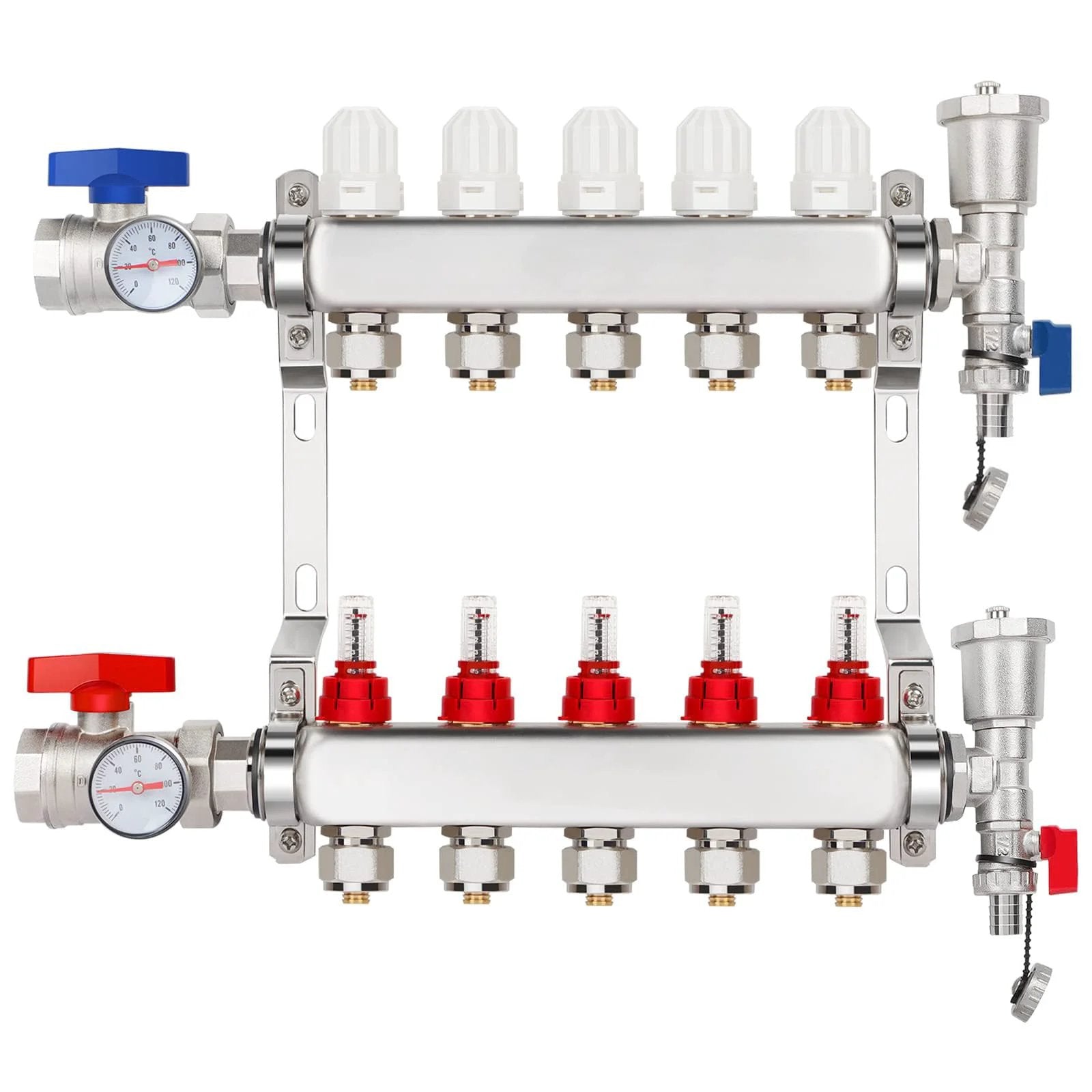 Five Branch PEX Radiant Heat Manifold Kit For Hydronic Floor Heating In 304 Stainless Steel With Half Inch Tubing Five Loops