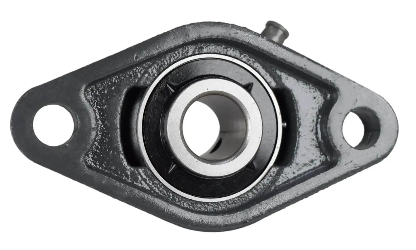 Front view of a Three Quarter Inch Two Bolt Flange Bearing With Set Screws Cast Iron Housing Grease Zerk Lubrication Bore