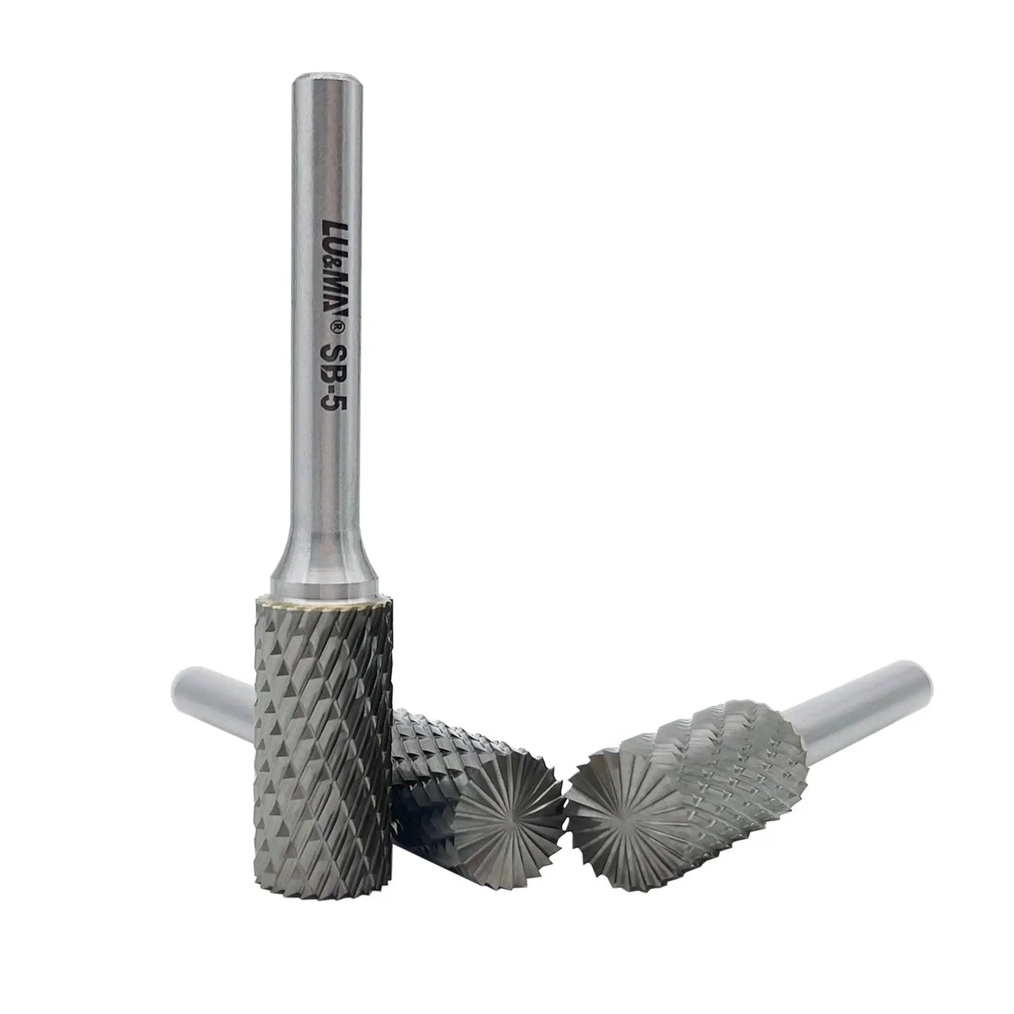 Double Cut Cylinder Tungsten Carbide Burr Set for Metalworking and DIY Fabrication One Half Inch Cutter Diameter, One Inch Cut Length, One Quarter Inch Shank, Three Piece Rotary Burrs Great for Weld Cleanup and Body Shop Projects, showing three burrs with textured heads.
