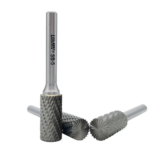 Double Cut Cylinder Tungsten Carbide Burr Set for Metalworking and DIY Fabrication One Half Inch Cutter Diameter, One Inch Cut Length, One Quarter Inch Shank, Three Piece Rotary Burrs Great for Weld Cleanup and Body Shop Projects, showing three burrs with textured heads.