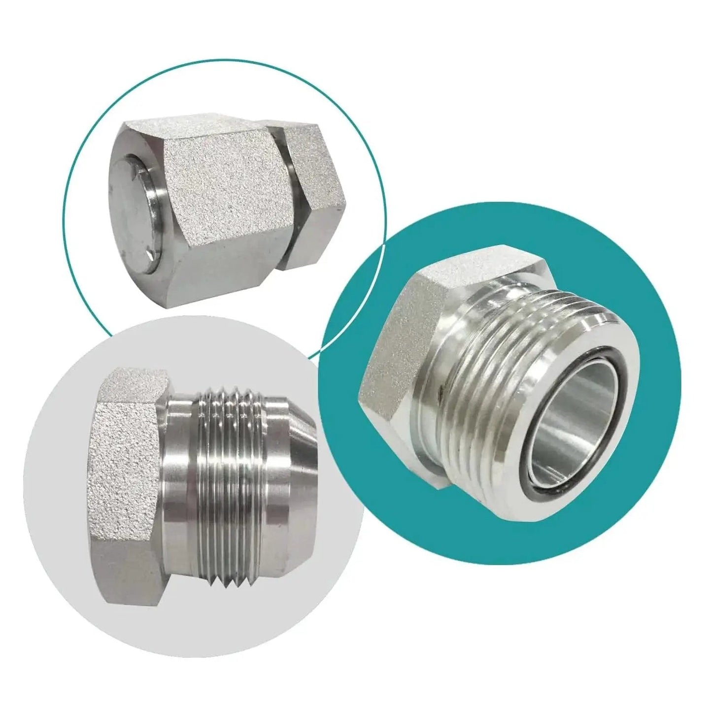 Close-up of JIC and ORFS hydraulic fittings kit, showing galvanized 45 steel plugs and caps with precision threads for hose, tube and pipe systems.