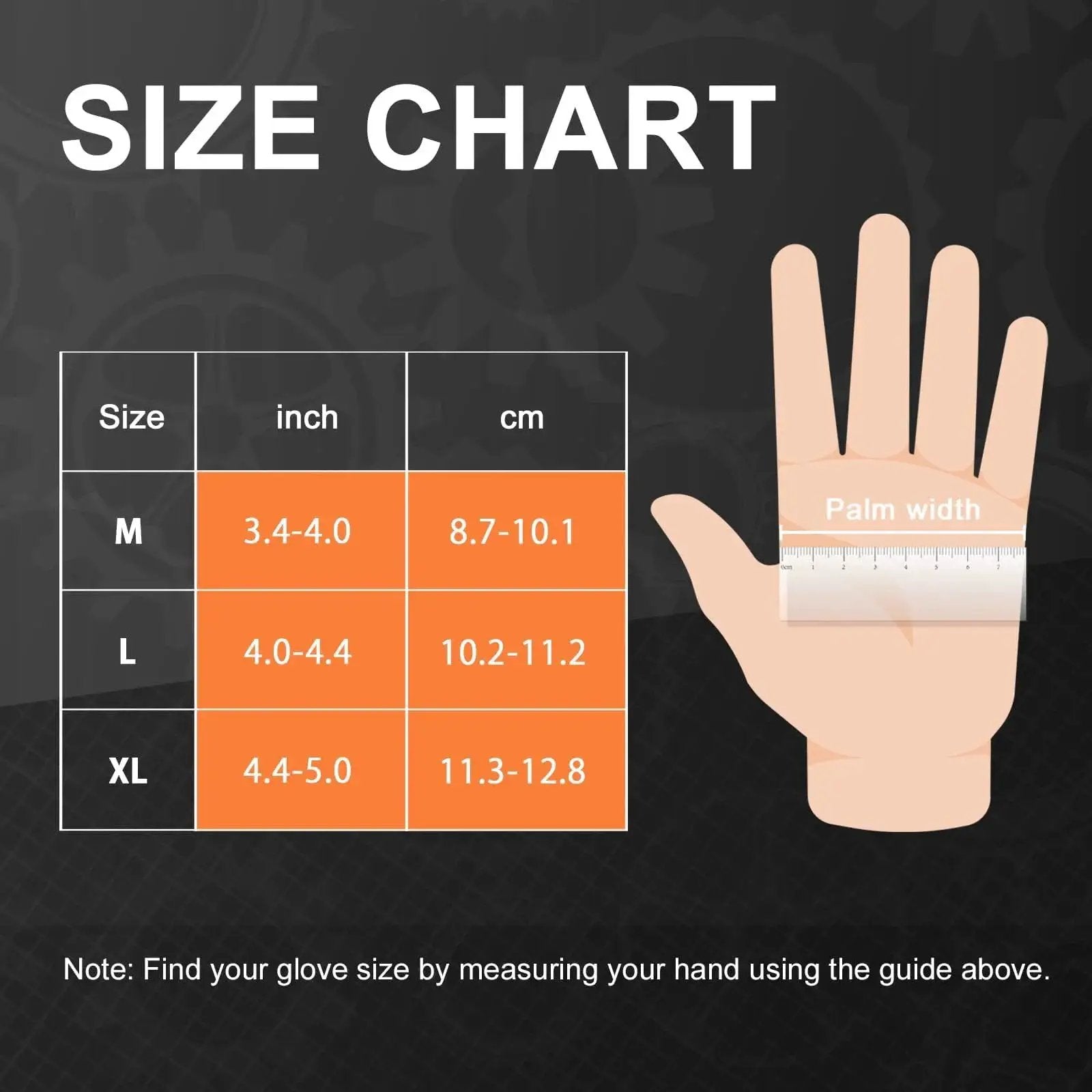 Size chart for Heavy Duty Nitrile Disposable Gloves 8 Mil Orange Diamond Texture Grip showing medium, large, and XL sizes.