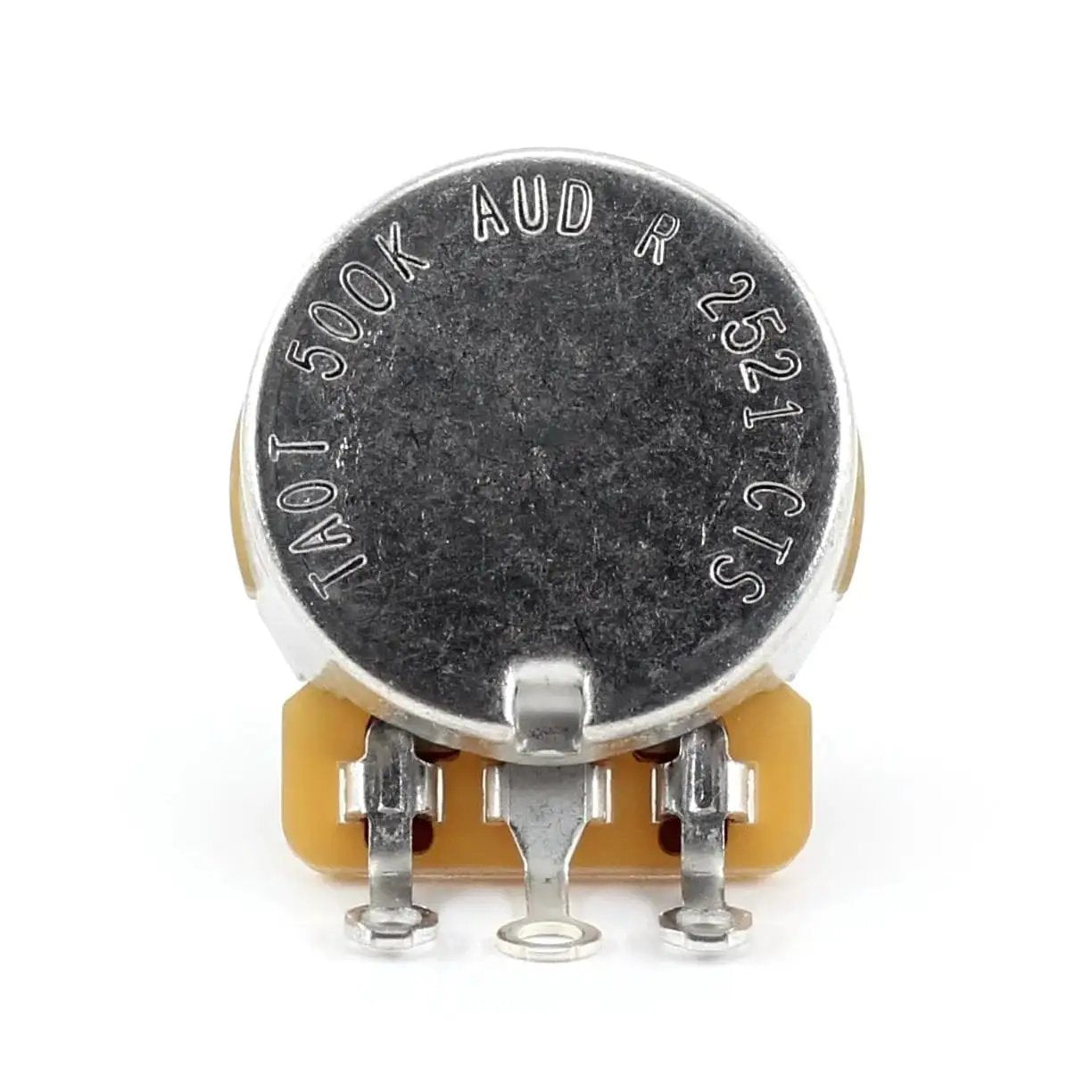Front view of Genuine CTS 500k Potentiometer For Guitar With Custom Short Solid Shaft And Audio Taper, showing 500k marking.