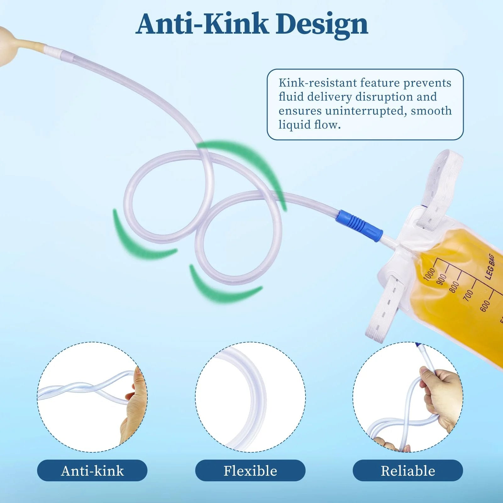 36 Inch Catheter Extension Tubing For Urinary Drainage Bags with anti-kink design and universal connector attached to a leg bag.