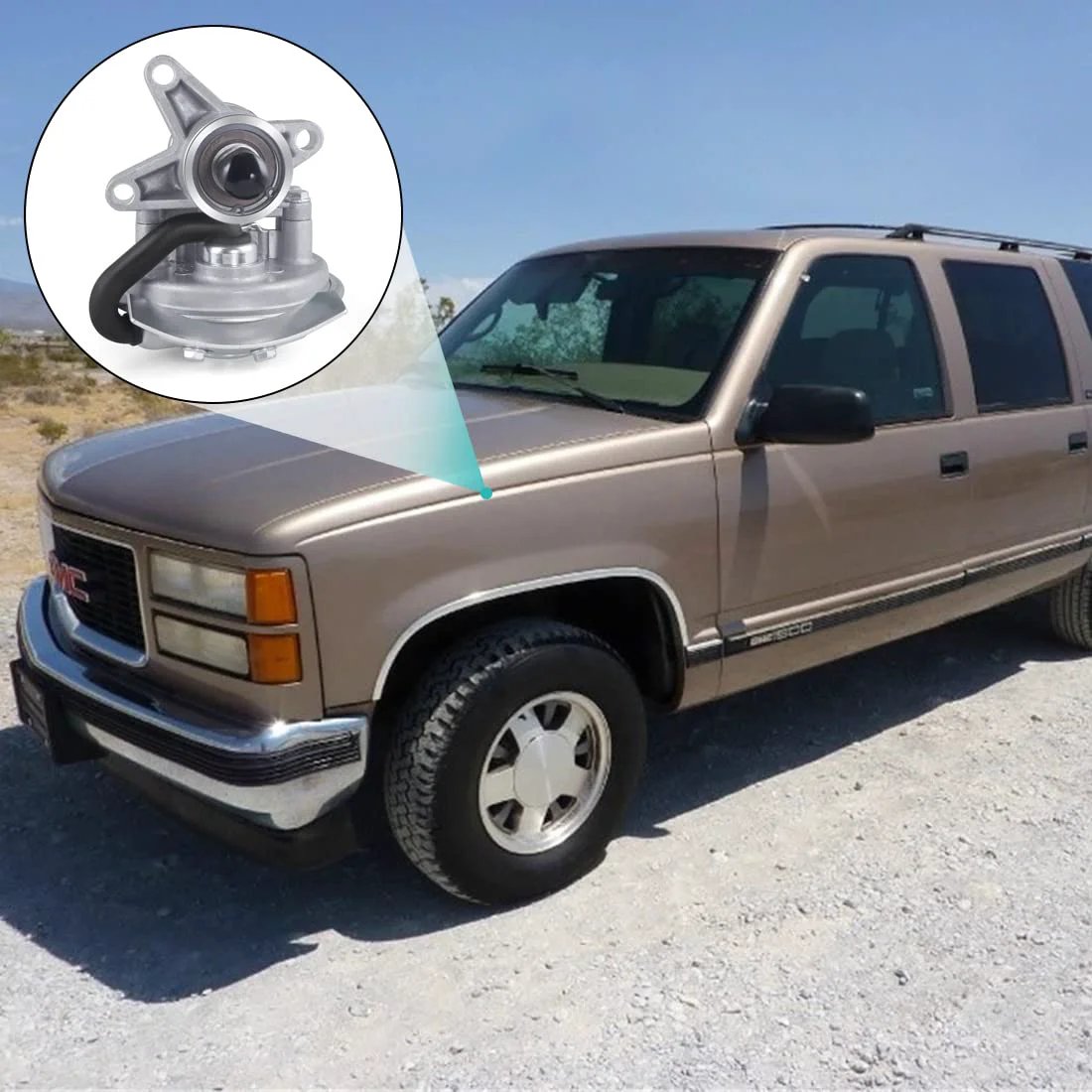 Chevy GMC SUV with inset showing Premium Mechanical Vacuum Pump For 6.5L V8 Diesel Engines That Delivers Reliable Plug And Play Performance