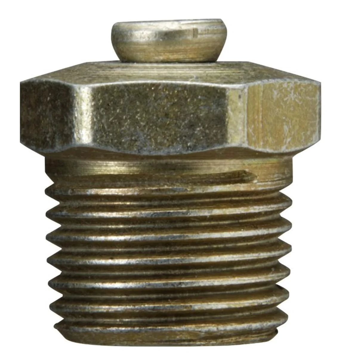 Relief Pressure Fitting Straight Open At 25 PSI For Quick Overpressure Release In Grease Or Oil Systems One Eighth Inch Male PTF SAE Short Connection RoHS Compliant Trivalent Zinc Plated Alemite 323060 front view