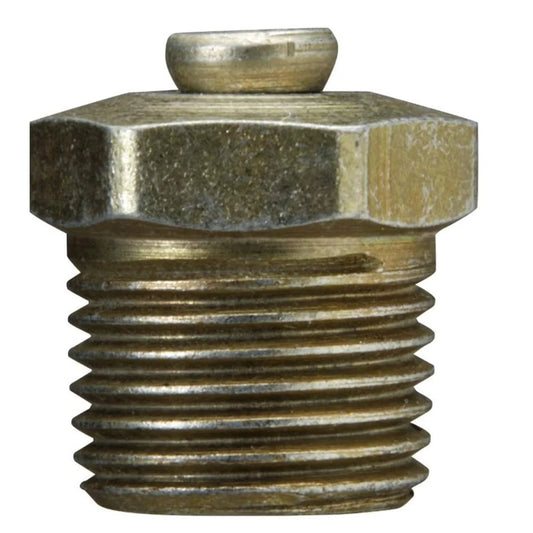 Relief Pressure Fitting Straight Open At 25 PSI For Quick Overpressure Release In Grease Or Oil Systems One Eighth Inch Male PTF SAE Short Connection RoHS Compliant Trivalent Zinc Plated Alemite 323060 front view