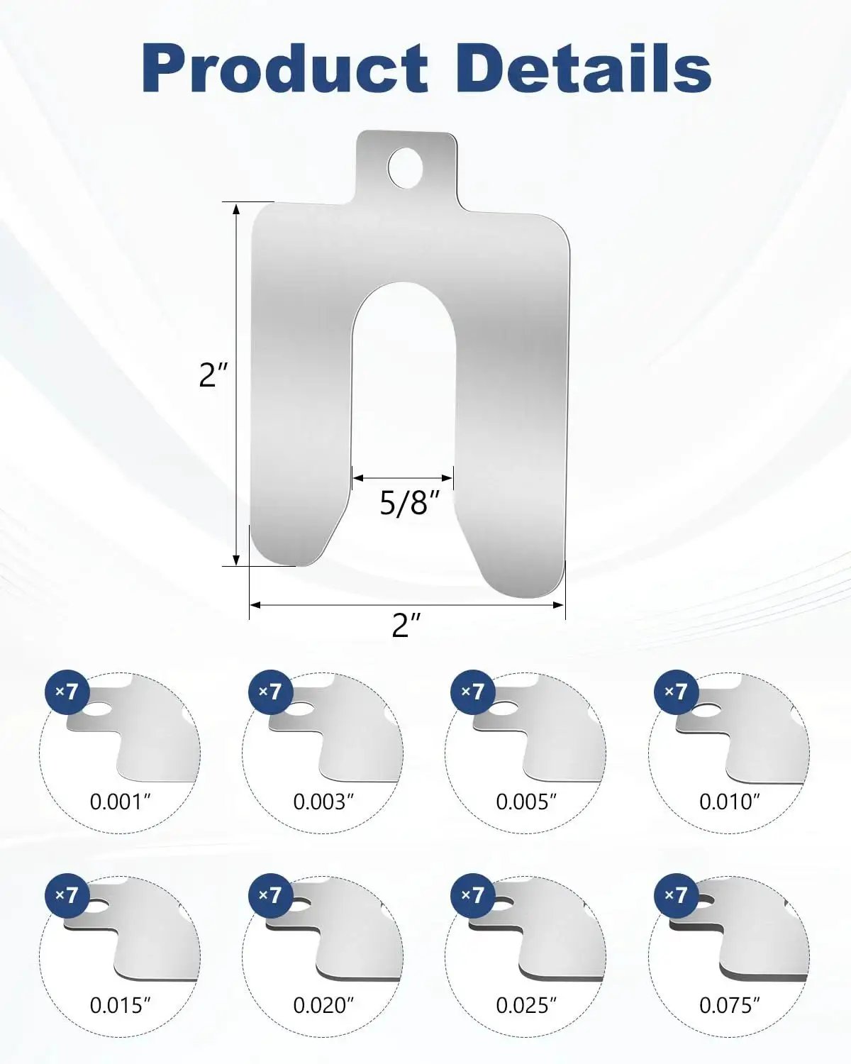 56 Piece 304 Stainless Steel Shim Kit With 2 By 2 Inch Slotted Shims In Eight Thicknesses From 0.001 To 0.075 Inches For Leveling CNC Automotive And Marine Applications Laser Cut Precision Shims With Safety Hole visible with dimensions and thickness options