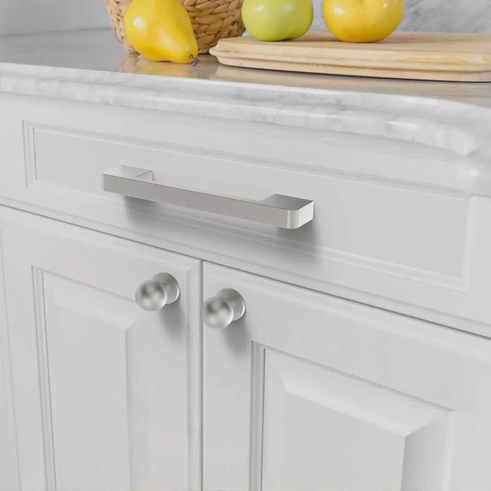 Brushed Satin Nickel Cabinet Pulls 5 Inch 128mm Hole Centers Pack of 10 Durable Zinc Alloy Handles installed on kitchen cabinet