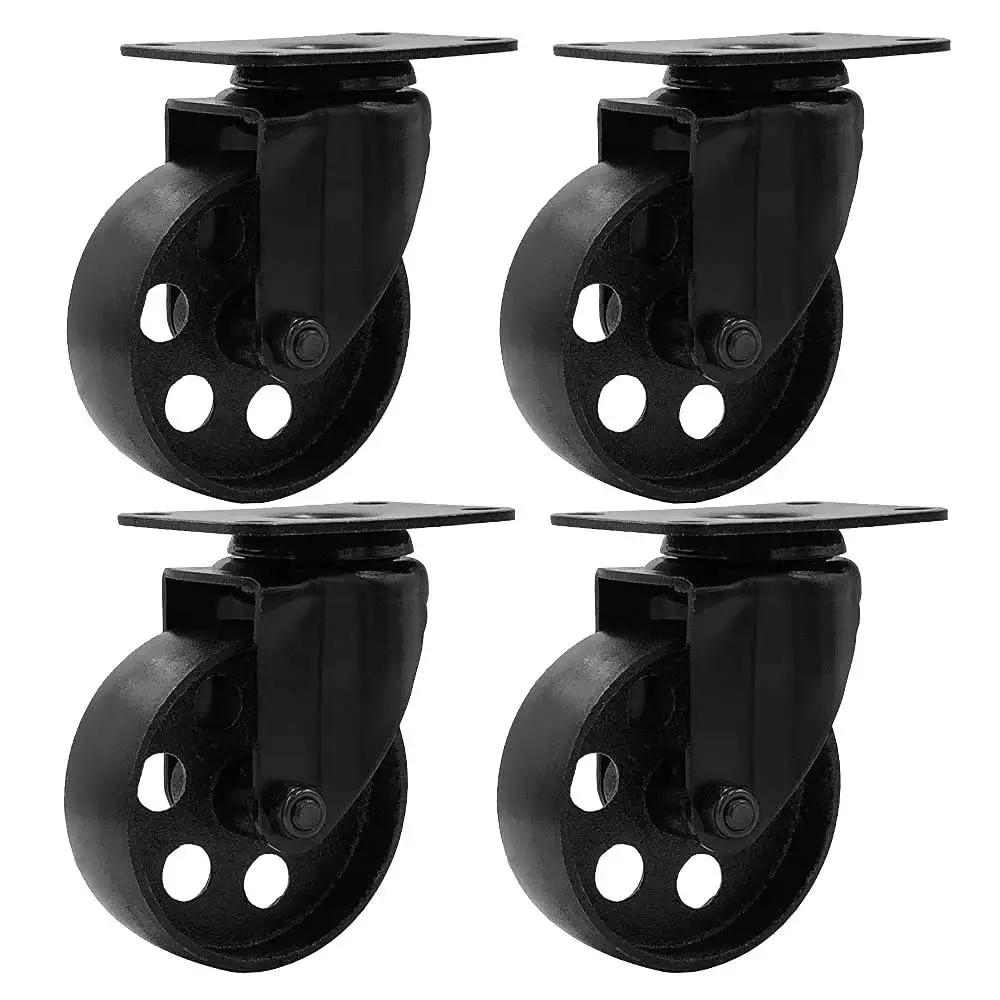 Heavy Duty Swivel Plate Caster Wheels All Black 3 Inch Wheels No Brake Iron Wheel High Gauge Steel 300 Lbs Capacity