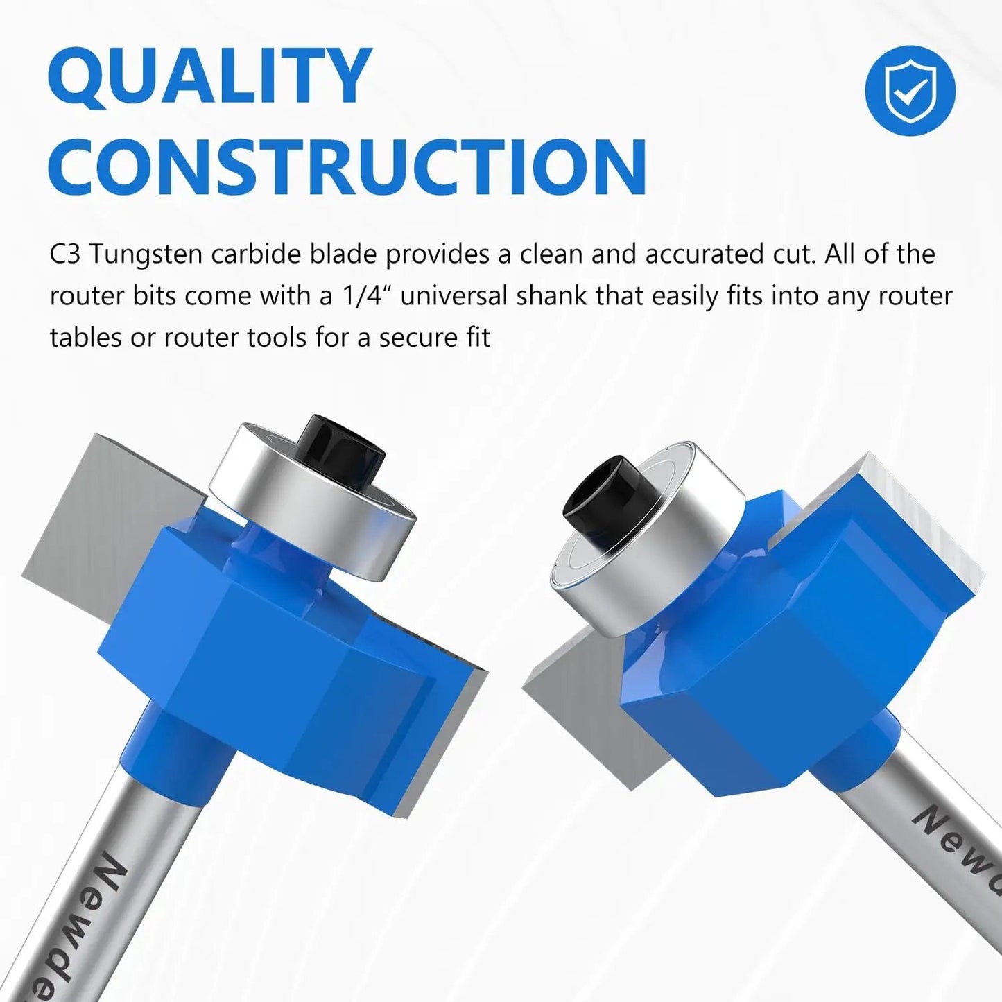 Rabbet Router Bit Set With One Quarter Inch Shank Includes Four Cutting Heights And Six Interchangeable Bearings For Depths In Easy To Use Woodworking Kit Built With YG8 Carbide Blade For Precise Rabeting And Biscuit Slot Cutting showing carbide blades and interchangeable bearings.