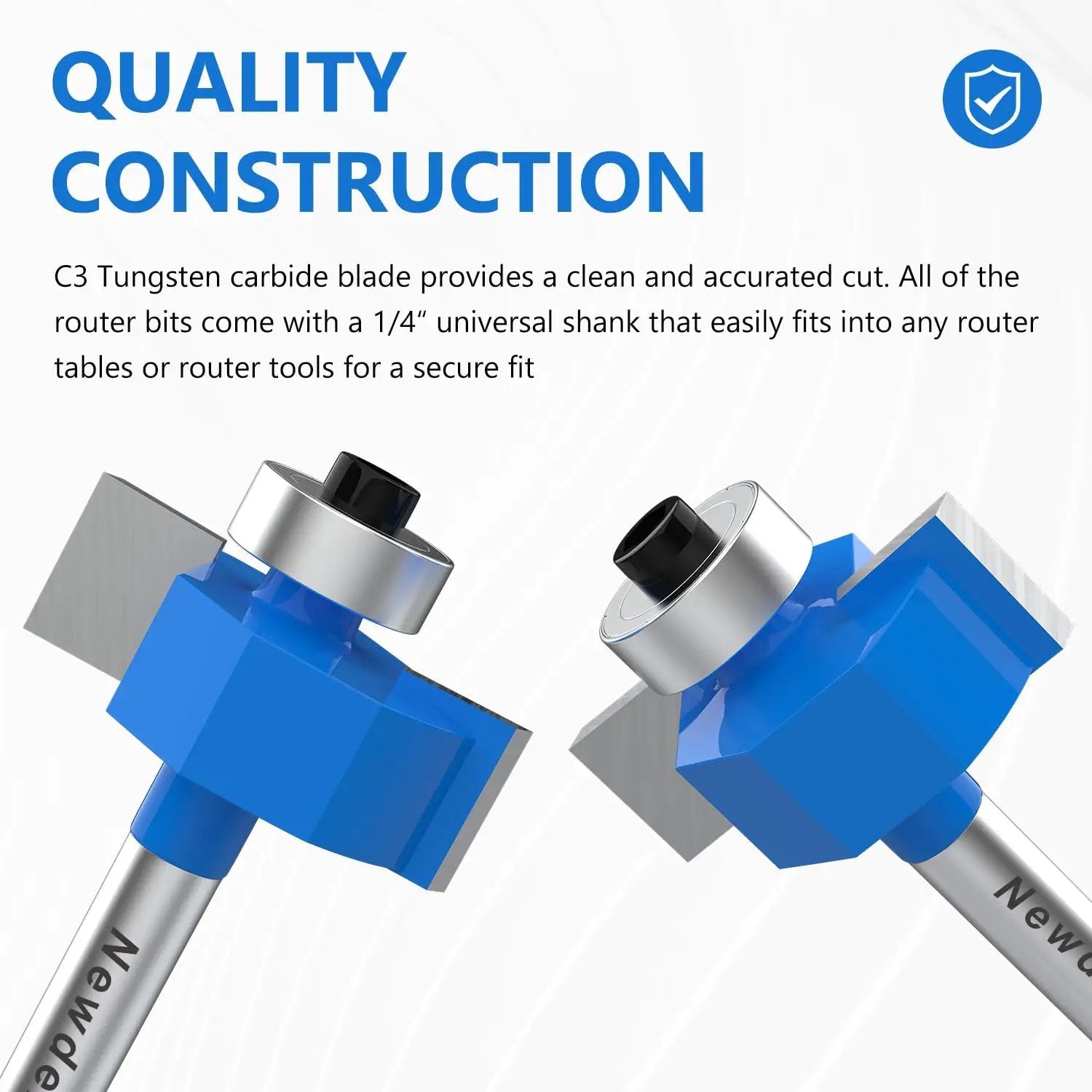 Rabbet Router Bit Set With One Quarter Inch Shank Includes Four Cutting Heights And Six Interchangeable Bearings For Depths In Easy To Use Woodworking Kit Built With YG8 Carbide Blade For Precise Rabeting And Biscuit Slot Cutting showing carbide blades and interchangeable bearings.