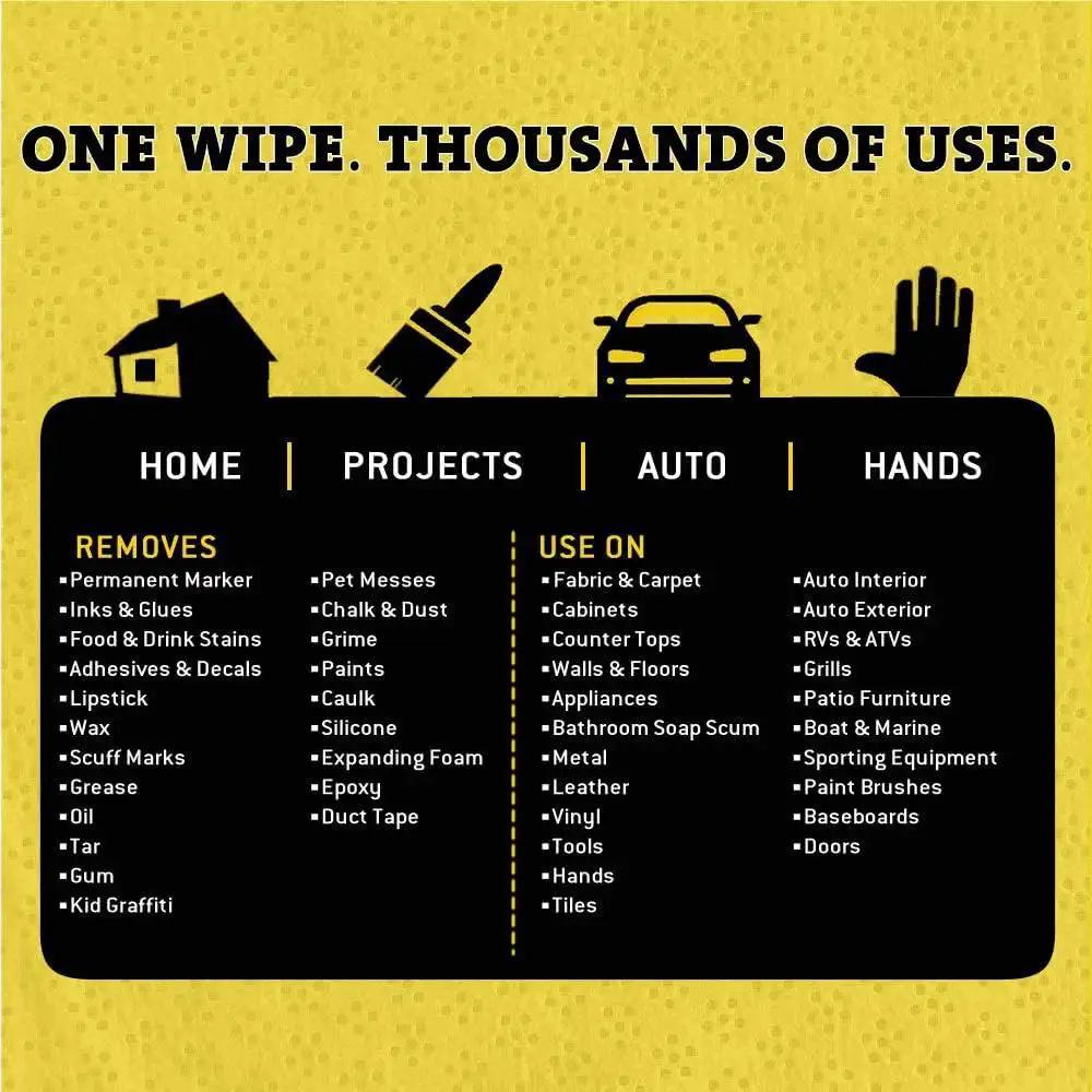 Infographic showing uses for Heavy Duty 10x12 Cleaning Wipes For Multi Surface Cleaning 90 Count Canister in homes, projects, autos, and hands.