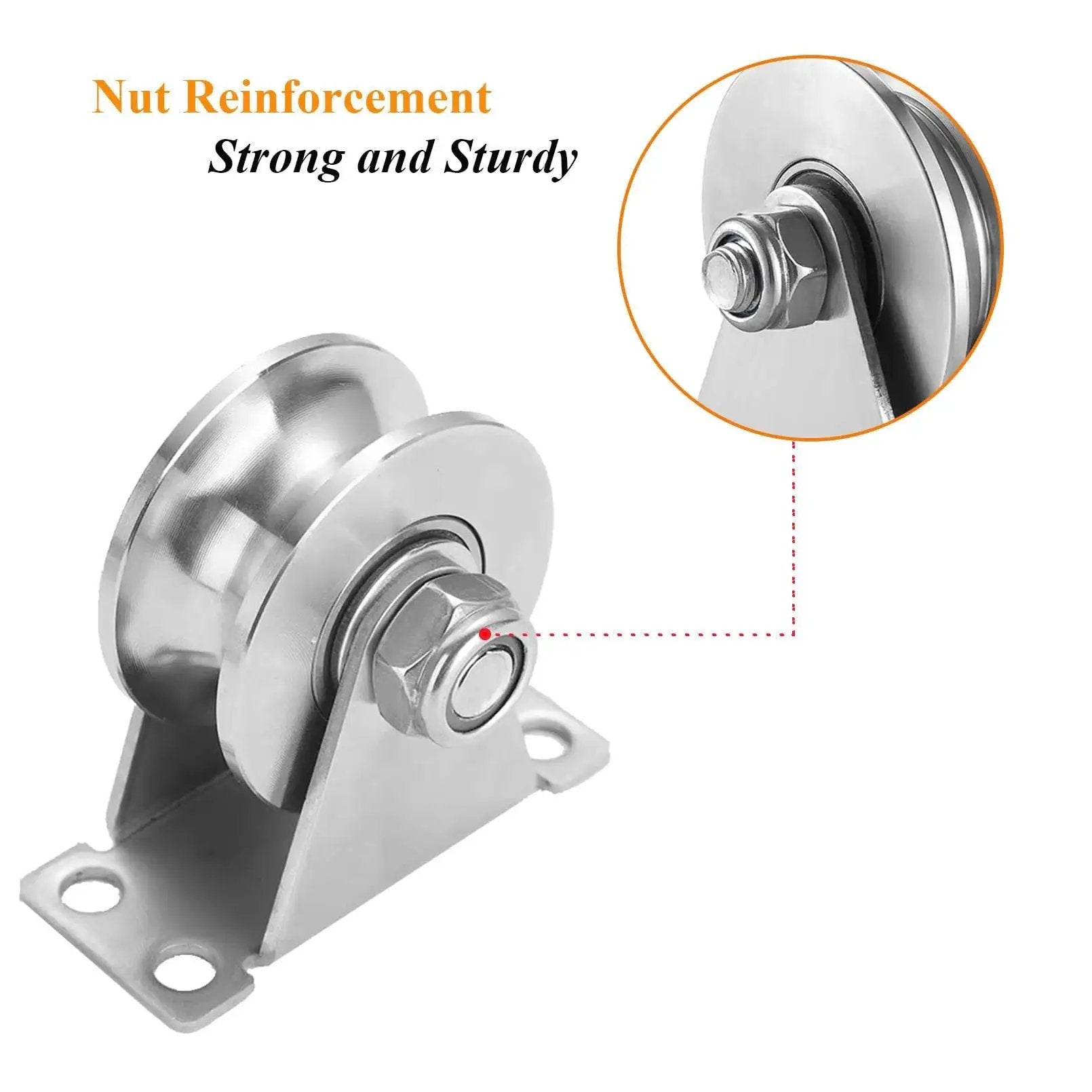 Close-up of U Groove Gate Track Roller Set with stainless steel construction and double bearings, showing nut reinforcement, 3-inch diameter.