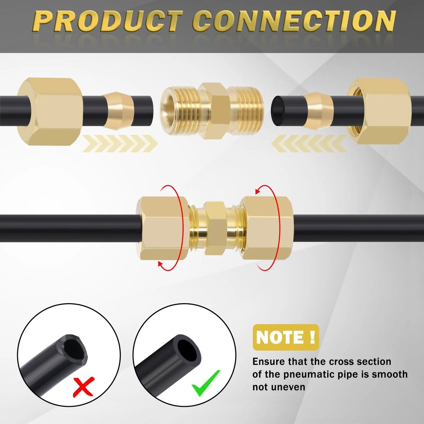 Brass Compression Tube Fittings Set Pro Grade Ten Pack With 3 16th Inch Outer Diameter Union Connectors And 10 Brass Sleeves Ferrules for air and hydraulic installations shown in use.