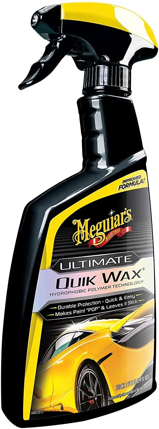 Ultimate Quik Wax With Hydrophobic Polymer Technology For Long Lasting Protection, Easy On And Off No Fuss, Superior Water Beading And Deep Wet Look Shine For Your Car, 709mL Meguiar's spray bottle side view.