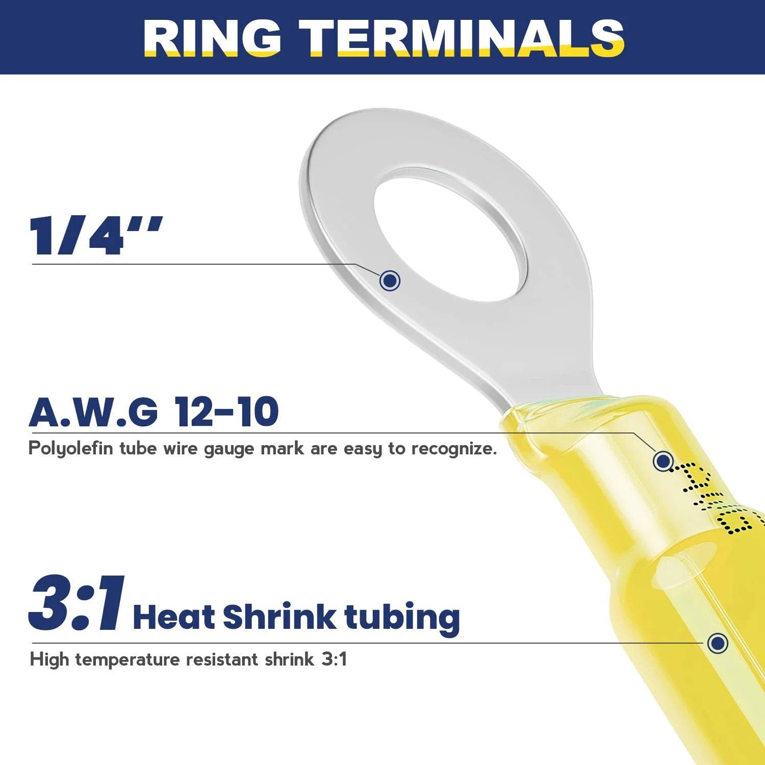 Close-up of Heat Shrink Ring Terminals For Auto And Marine Projects Marine Grade Wire Connectors Heavy Duty One Quarter Inch Ring Connectors AWG Twelve To Ten Yellow Insulated Copper Tinned Red Copper Brazed Seam showing 1/4 inch size and AWG 12-10 marking.