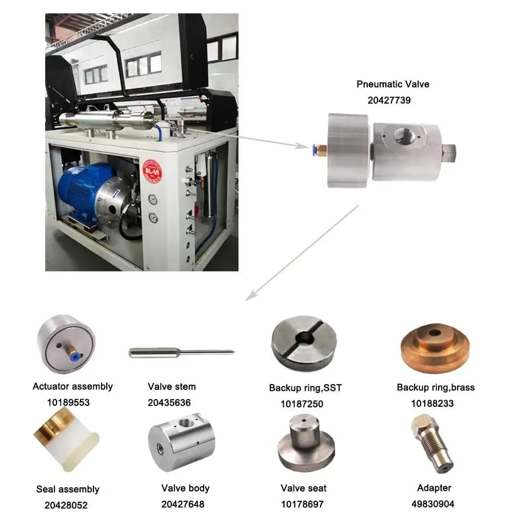 Components for SL VI 50 HP Water Jet Cutting Machine, including pneumatic valve 20427739 and valve body 20427648.