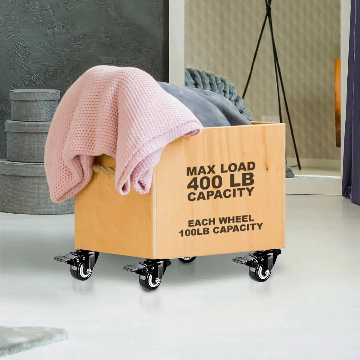 Wooden box on Swivel 1.5 Inch Caster Wheels Rubber Base With Top Plate And Bearing, with blankets inside, 400 lb capacity label