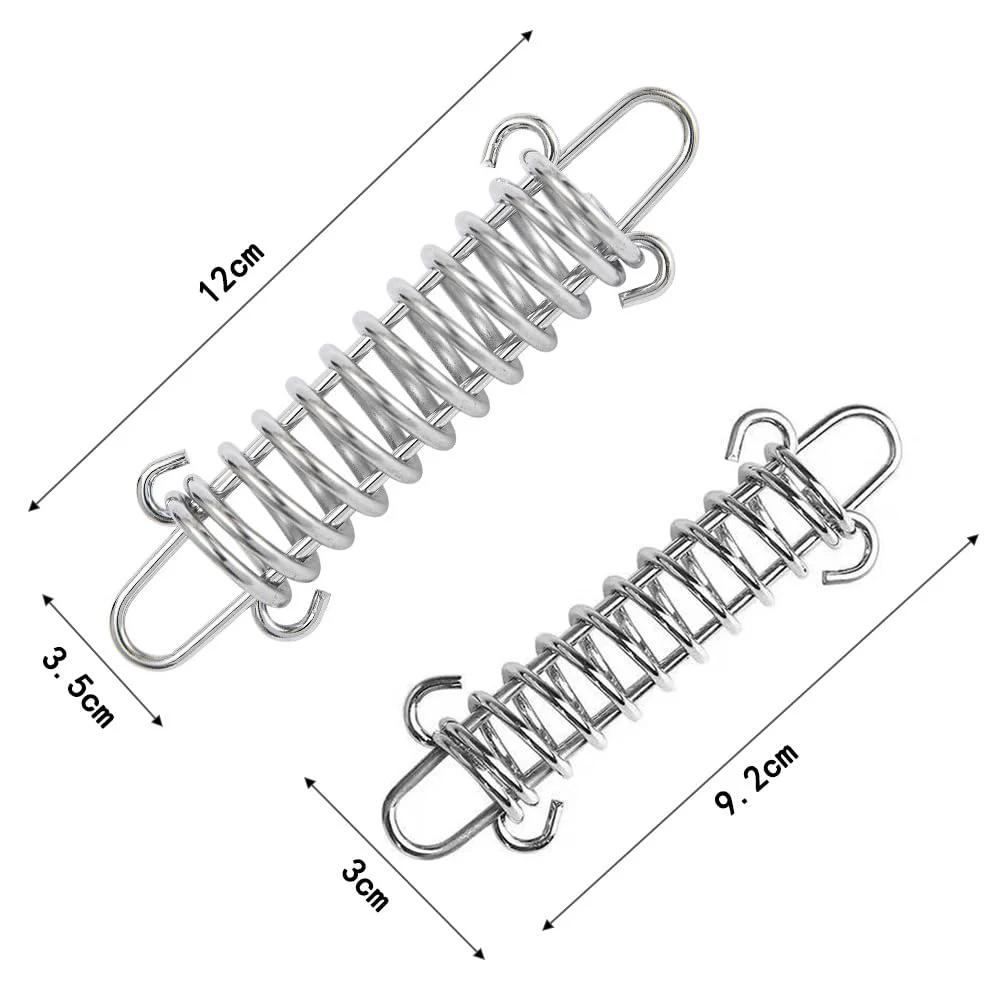 Heavy Duty 10 Pack 304 Stainless Steel Tent Springs For Windproof Tarp Awning Sun Shade Rope Tension Dog Chain Porch Swing And Outdoor Shelter Stabilization shown in two sizes with dimensions.