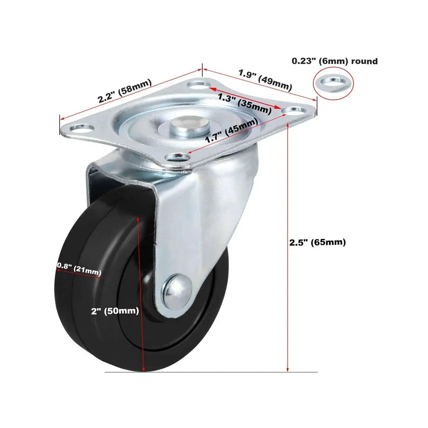 Diagram of 2-inch swivel caster dimensions with rubber wheel, part of 24 Pack 2 Inch Swivel Casters With Rubber Wheels For Furniture Trolleys And Industrial Use