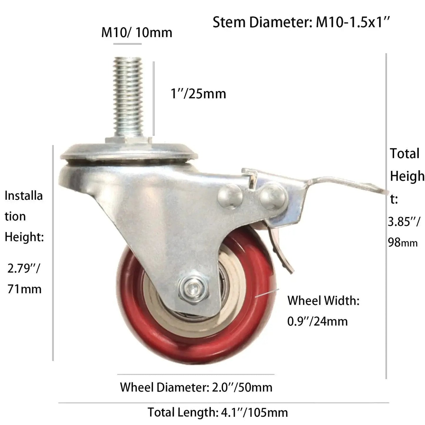 Side view of Heavy Duty Swivel Stem Castors With Red PU Wheels Double Locking Quiet Smooth Non Marking Floor Safe Load Capacity 800-1000 Lb Metric M10-1.5x25mm Threads 2 Inch Wheels Pack Of 4 Ideal For Carts And Cabinets showing dimensions and structure.