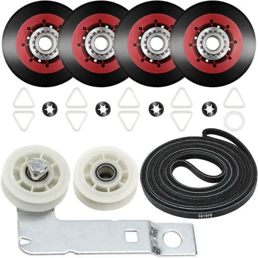 Upgraded 4392067 Dryer Repair Kit with W10837240 Idler Pulley includes WPW10314173 Drum Roller Set, 661570V Belt, and 279640 Kit components.