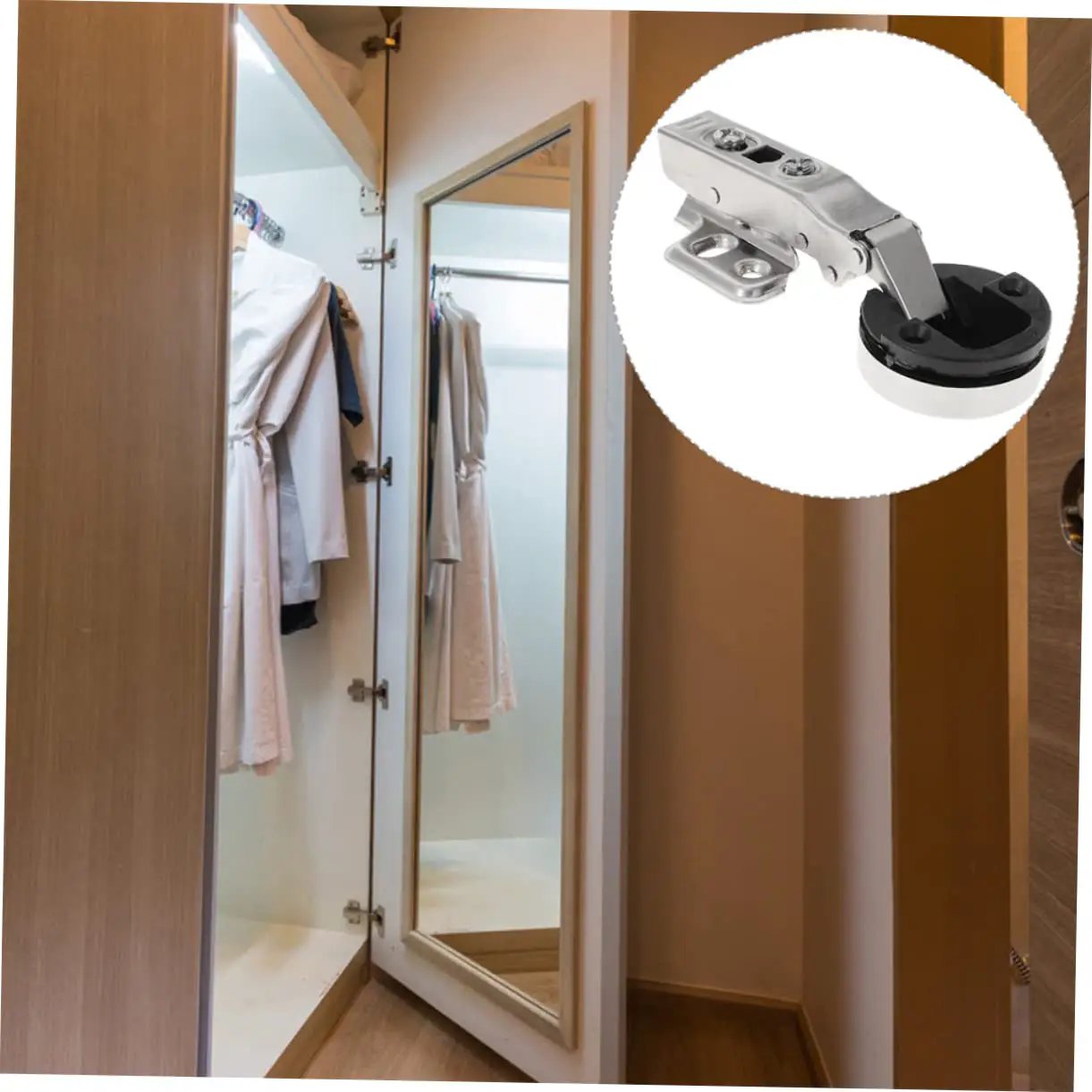 Hydraulic Glass Door Hinges 4 Pack For Frameless Cabinets And Cupboards With Soft Close Damping Silver Finish Durable Cold Rolled Steel Construction Smooth Quiet Close For Glass Cabinet Doors Easy Clip Mount shown installed on a mirrored cabinet door.