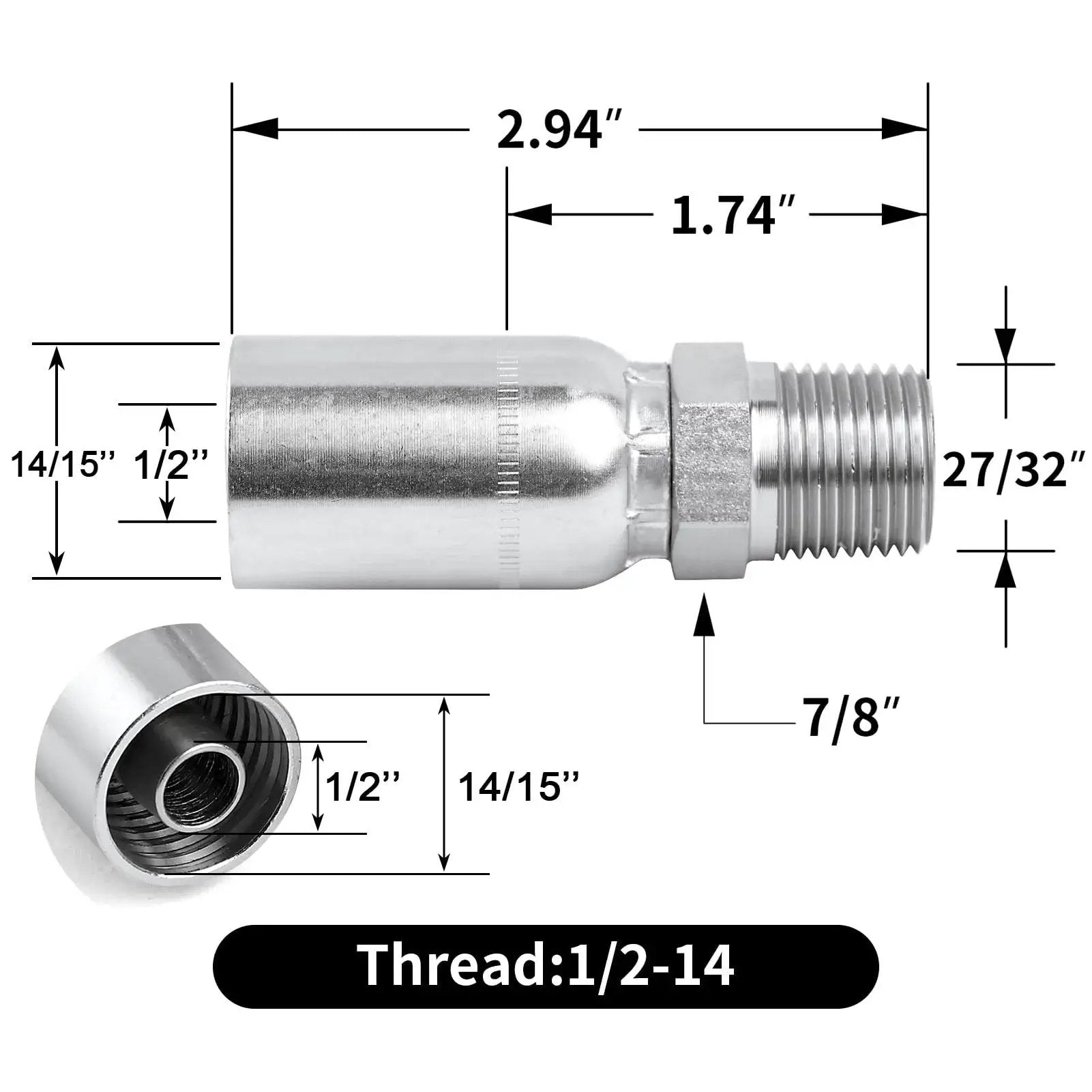 Diagram of 12 Pack 1/2 Inch Hose To 1/2 Inch NPTF Male Hydraulic Crimp Fittings in carbon steel with detailed measurements.