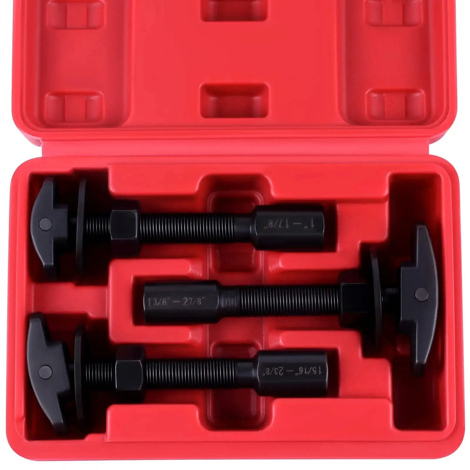 Rear Axle Bearing Puller Kit With Three Sizes in red case; small, medium, large pullers visible, for cars and trucks.