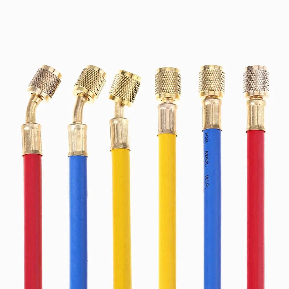 72 Inch HVAC Manifold Gauge Hoses Set Three Pack With Brass Connectors For R134A R12 R22 R502 Refrigerants Ideal For AC System Charging And Testing