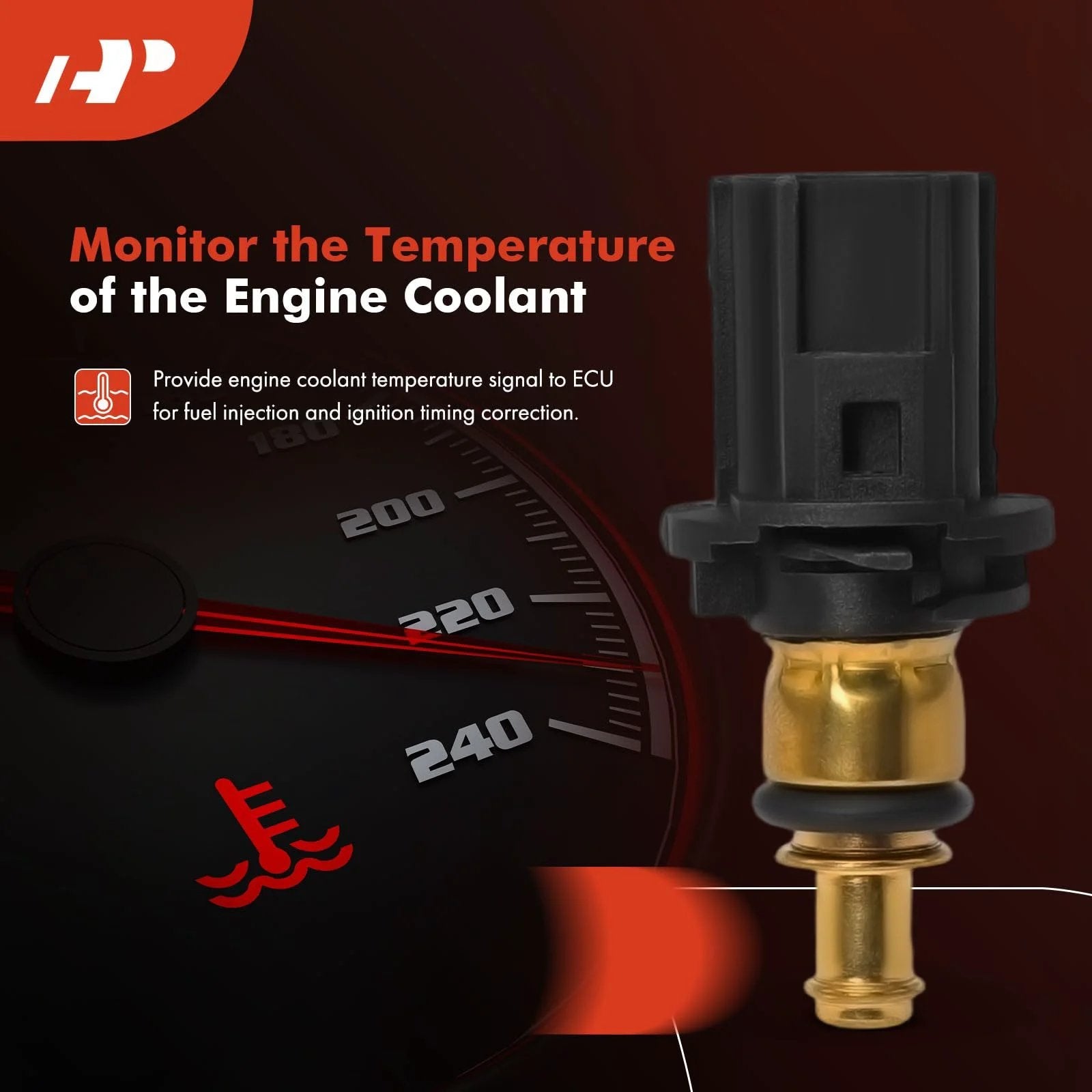Engine Coolant Temperature Sensor 2 Pins Fits Jeep Grand Cherokee Wrangler Compass Patriot Dodge Avenger Chrysler Sebring Voyager Pacifica And Other 200 Series Models 2007 2024 product image with gauge background