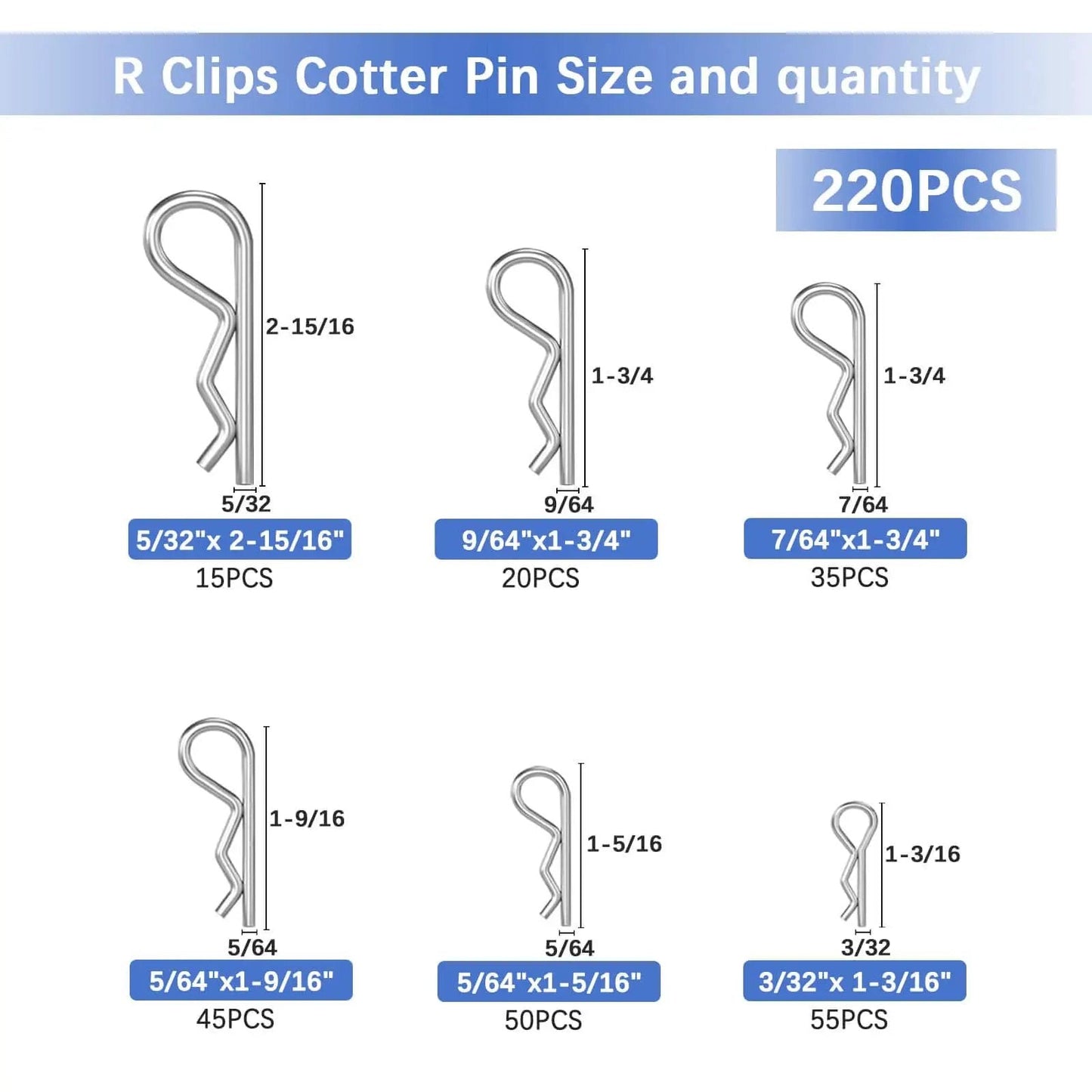 R Clips cotter pin sizes and quantities in 620 Pcs Cotter Pins Assortment Kit With Hairpin Cotter Pins And R Clips In 12 Sizes