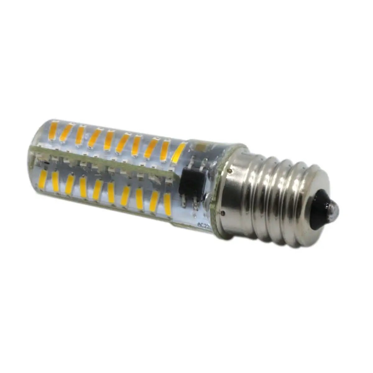 Close-up of an LED bulb with visible yellow diodes and metal base.
