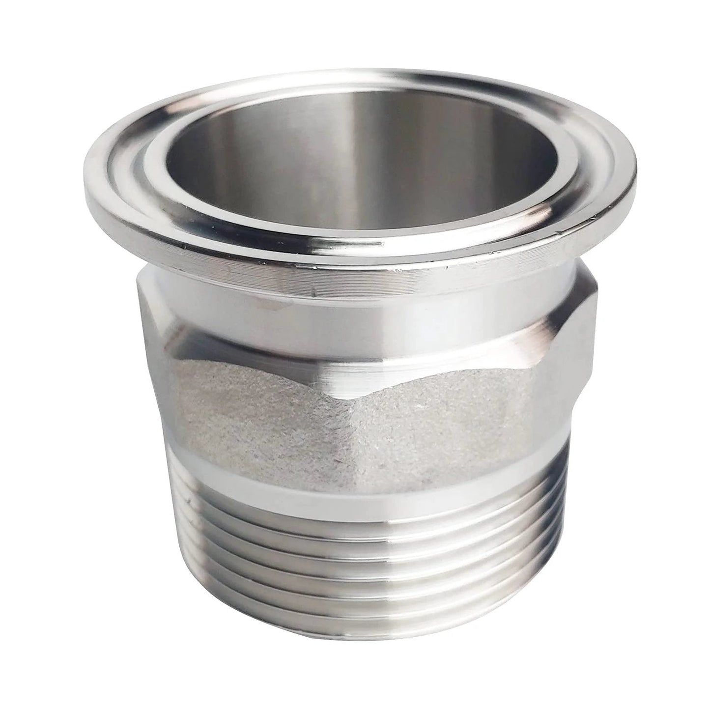 1.5 Inch Sanitary Tri Clamp To 1-1/4 Inch NPT Male Hex Thread Adapter in 304 Stainless Steel, front view