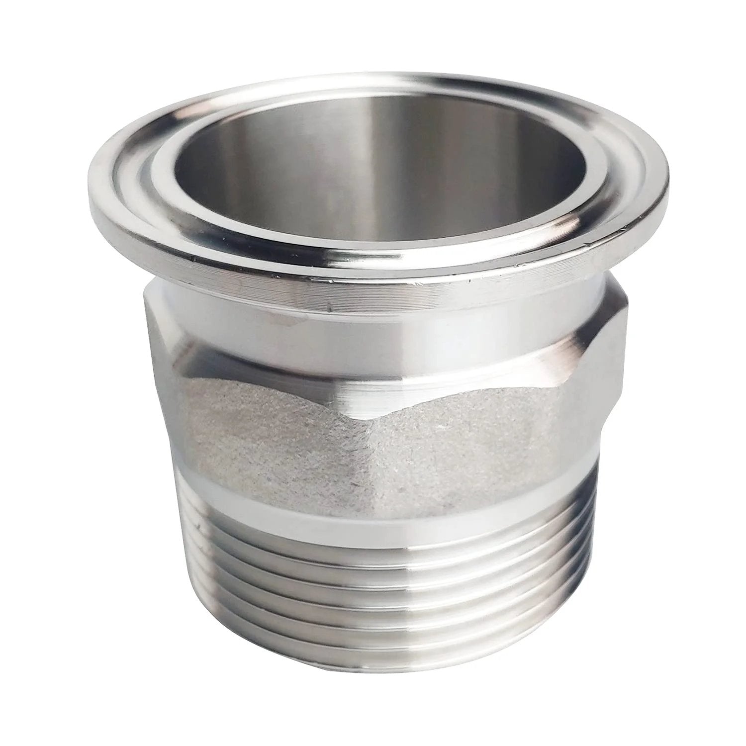 1.5 Inch Sanitary Tri Clamp To 1-1/4 Inch NPT Male Hex Thread Adapter in 304 Stainless Steel, front view