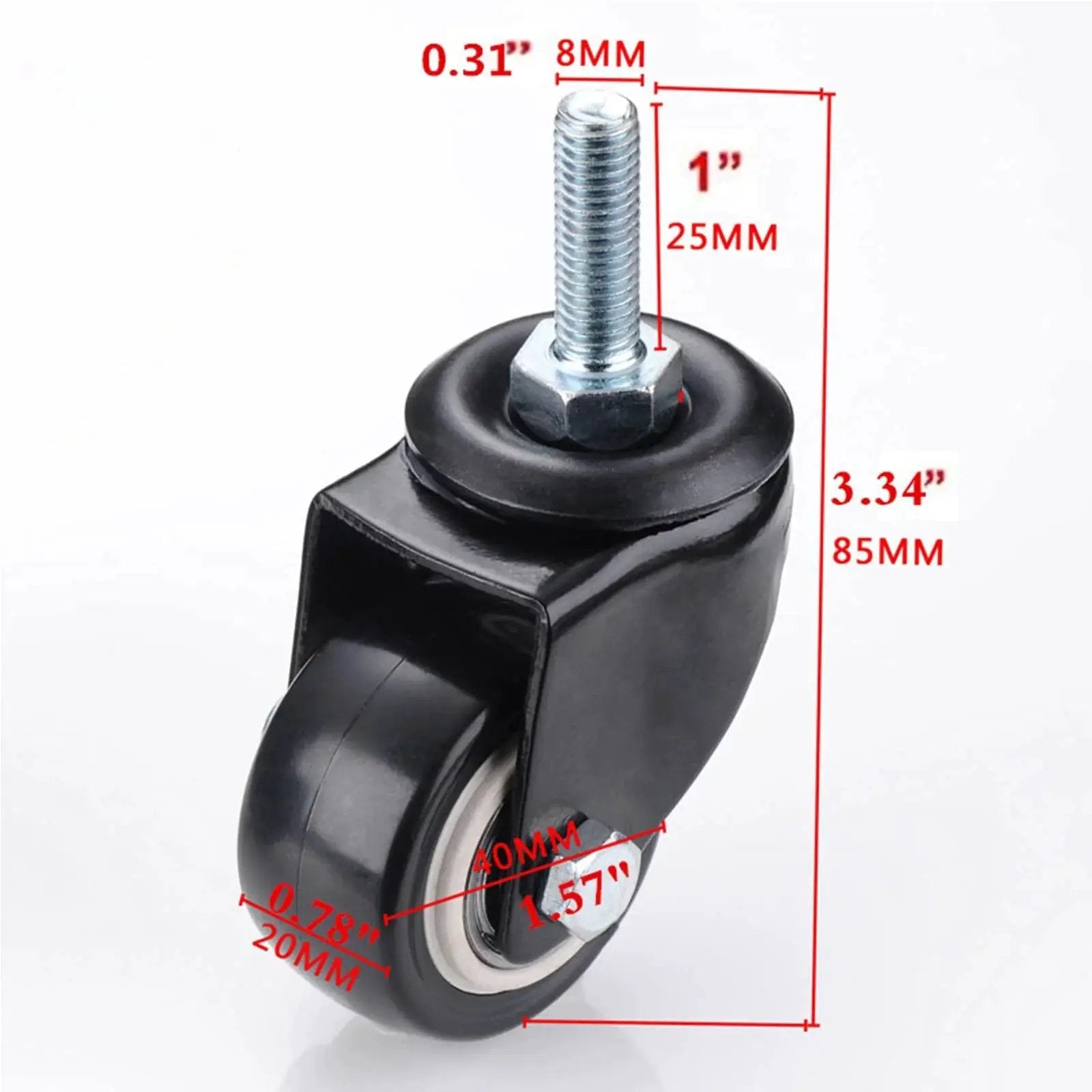 M8x25mm Swivel Casters Set Four Bearings 240kg Capacity PU Wheels for Handcarts, showing dimensions and metal thread.