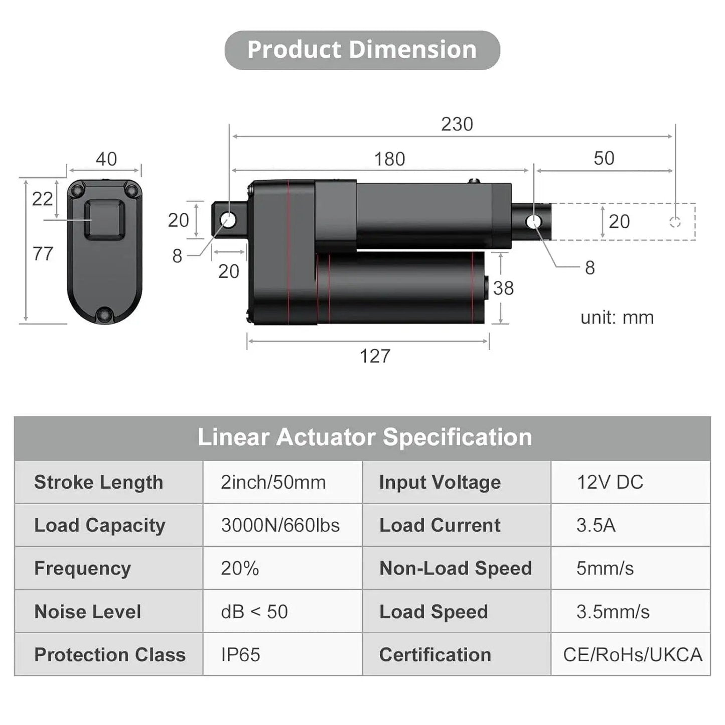 Diagram of Built-Tough 12V Linear Actuator With 660 Lbs, 3000 N, 2-Inch Travel, Silent Operation, includes dimensions and specs.
