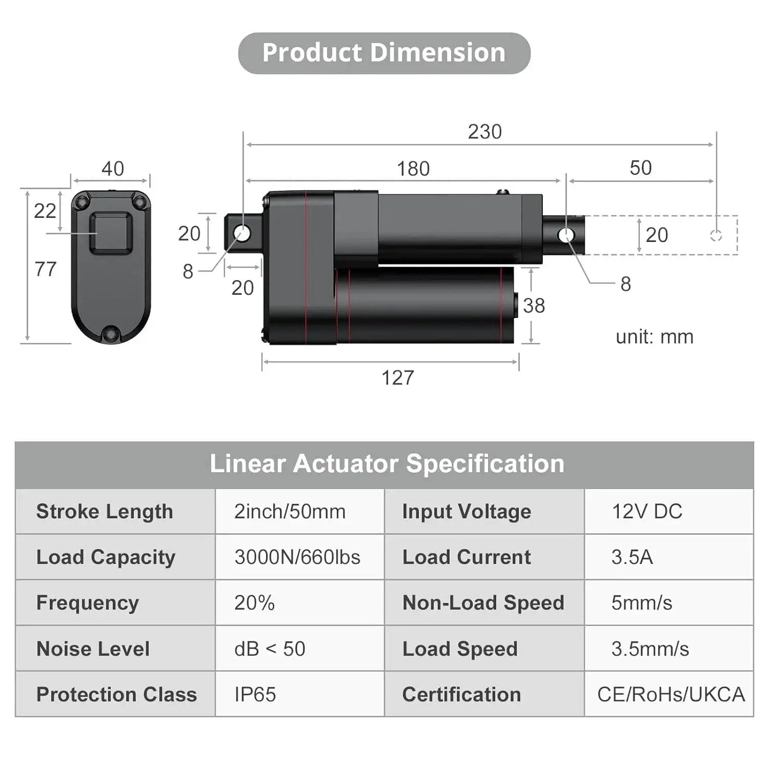 Diagram of Built-Tough 12V Linear Actuator With 660 Lbs, 3000 N, 2-Inch Travel, Silent Operation, includes dimensions and specs.