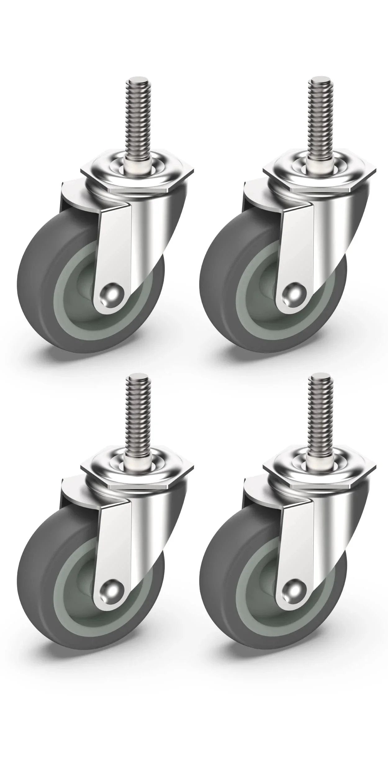 Set of 4 grey 3 inch swivel caster wheels with no brake, 3/8 inch 16 UNC x 1 1/2 inch stem, heavy duty steel housing, for cart mobility