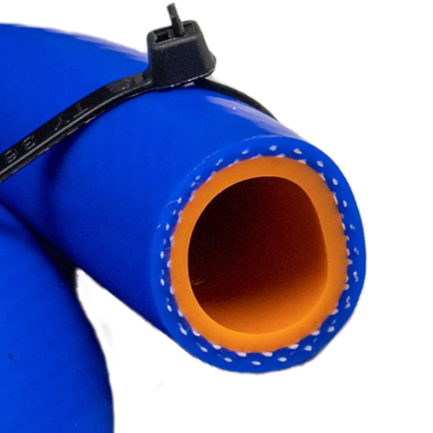 Close-up of blue reinforced silicone heater hose with zip tie, 3/4 in ID, for high-temp auto engine use, handles water and air transfer