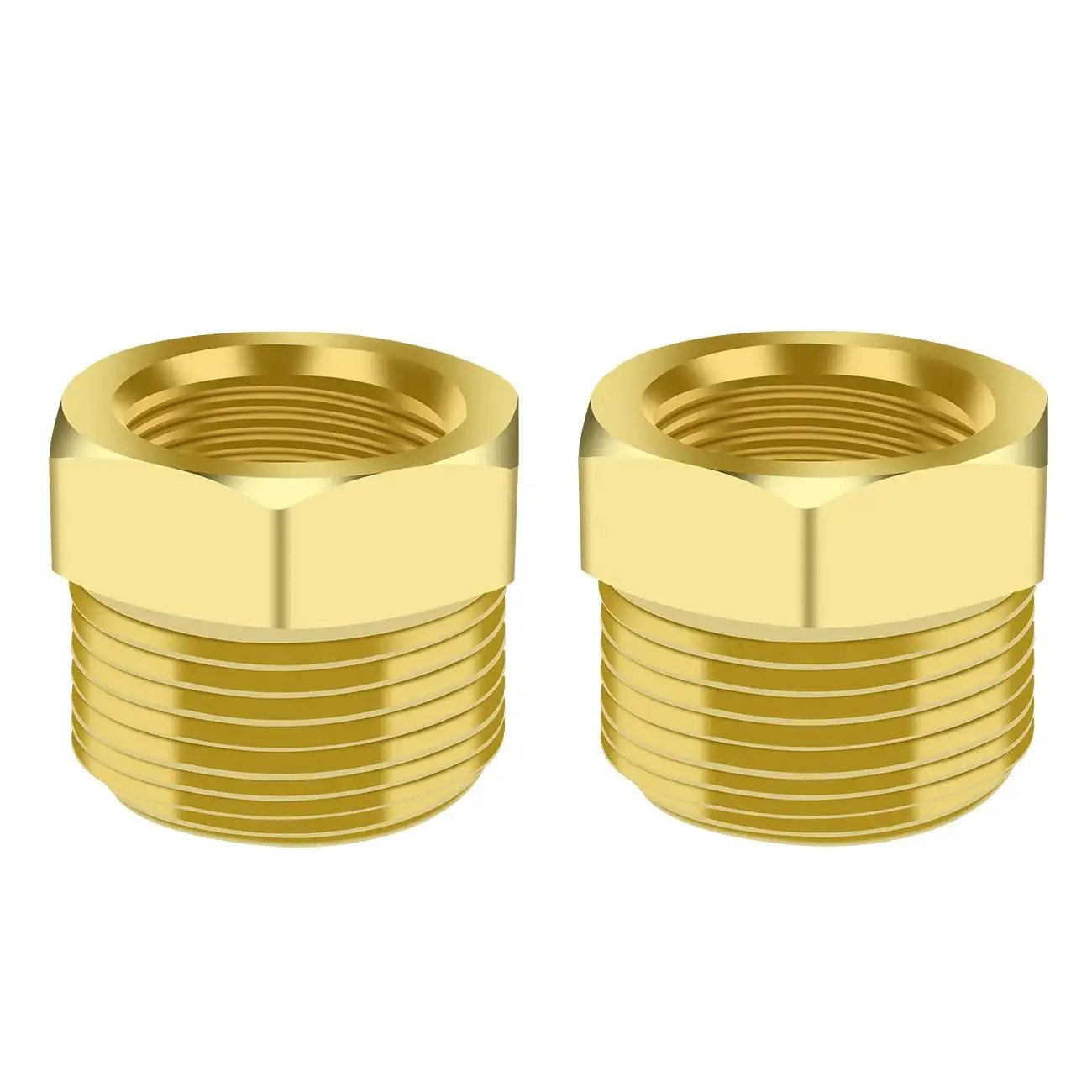 Two Pack Brass Bushing Reducer Adapter One Half Inch NPT Male To One Quarter Inch NPT Female Pipe Fittings For Plumbing Use In Wet Environments