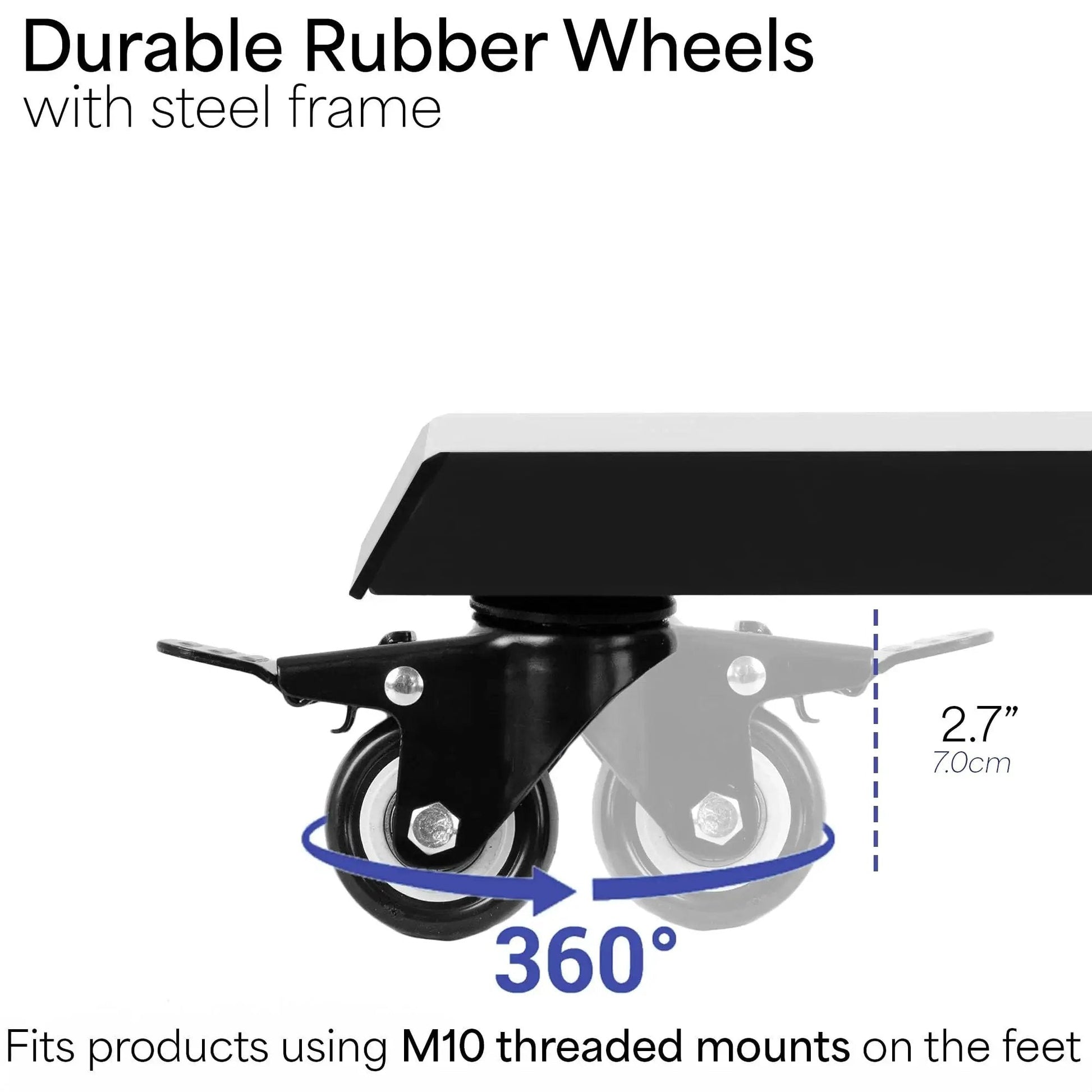 Heavy Duty 2 Inch M10 Threaded Locking Casters With Brakes 360 Degree Swivel shown on a steel frame with measurements