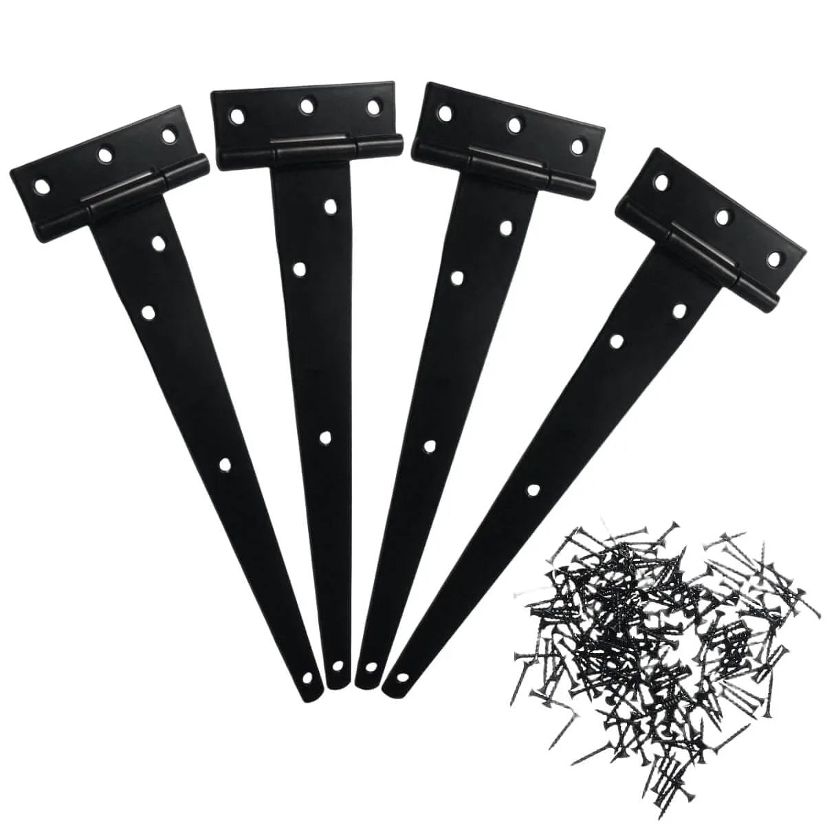 Four Pack 10 Inch T Gate Hinge Heavy Duty Outdoor Rustproof Black Strap Hinges for Barn Doors with screws included