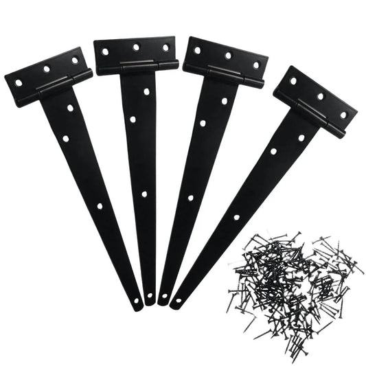 Four Pack 10 Inch T Gate Hinge Heavy Duty Outdoor Rustproof Black Strap Hinges for Barn Doors with screws included