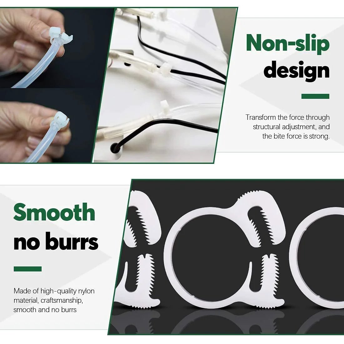 Heavy Duty Nylon Hose Clamps Set With Double Snap Grip And Ratcheting Adjustment 50 Pack Includes One Quarter Inch Five Sixteenth Inch One Half Inch Five Eighth Inch And One Inch Sizes For Secure Fastening Reusable And Easy To Install showing non-slip design and smooth edges