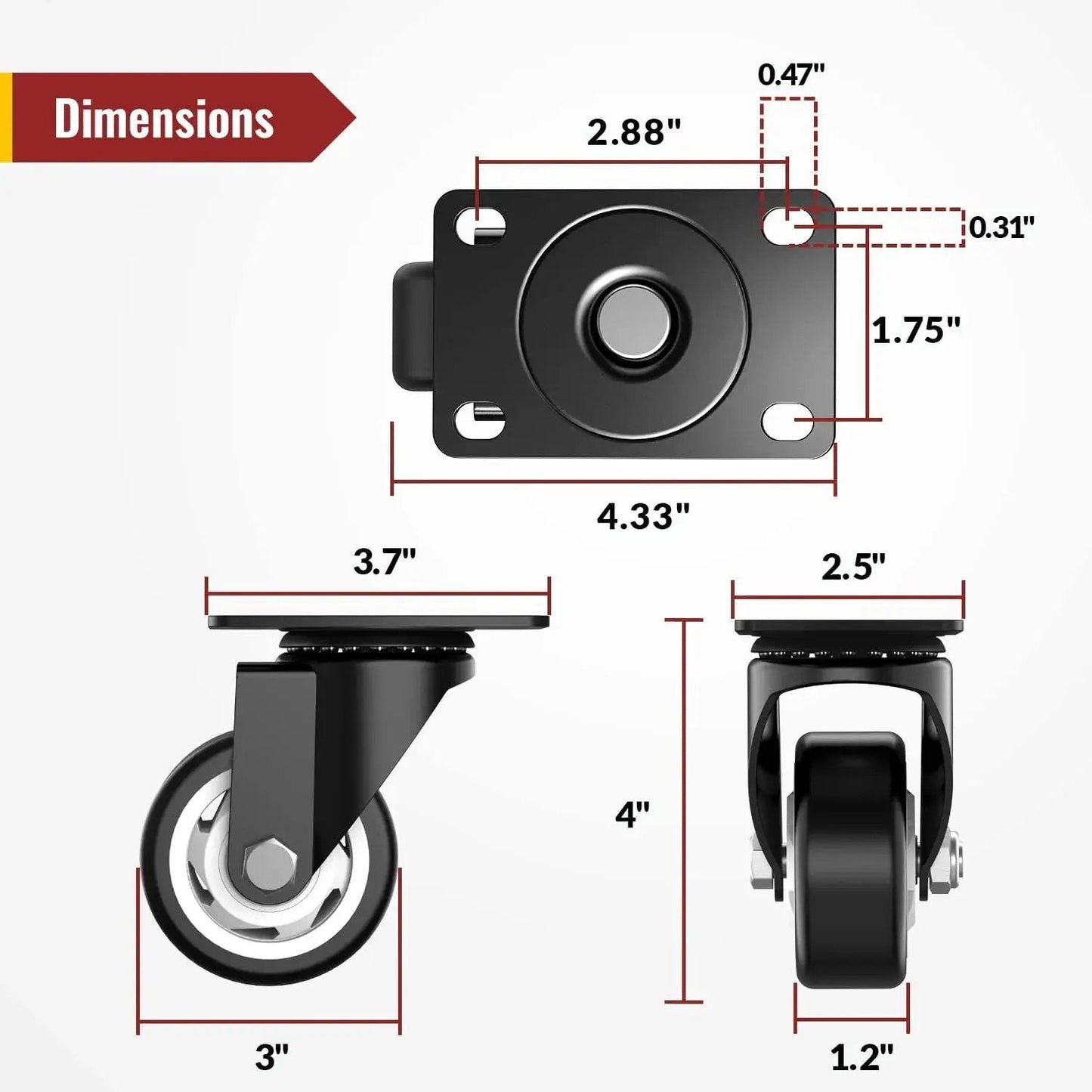 3 Inch Swivel Caster Wheels Heavy Duty Plate Casters No Brakes Total Capacity 1000 Lbs Pack Of 4 with dimensions and steel frame.